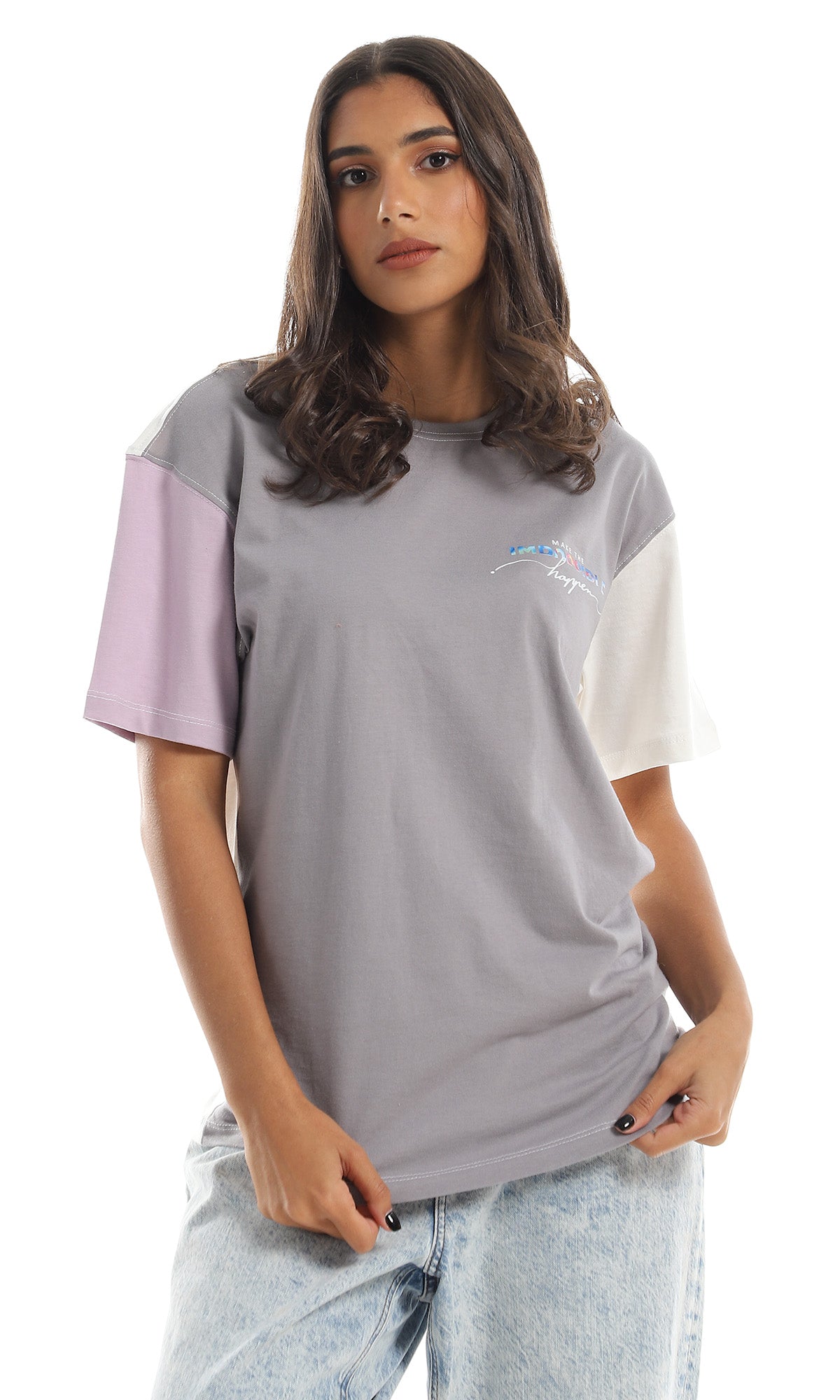 97798 Side Printing Short Sleeves Grey , Off White & Lilac Tee