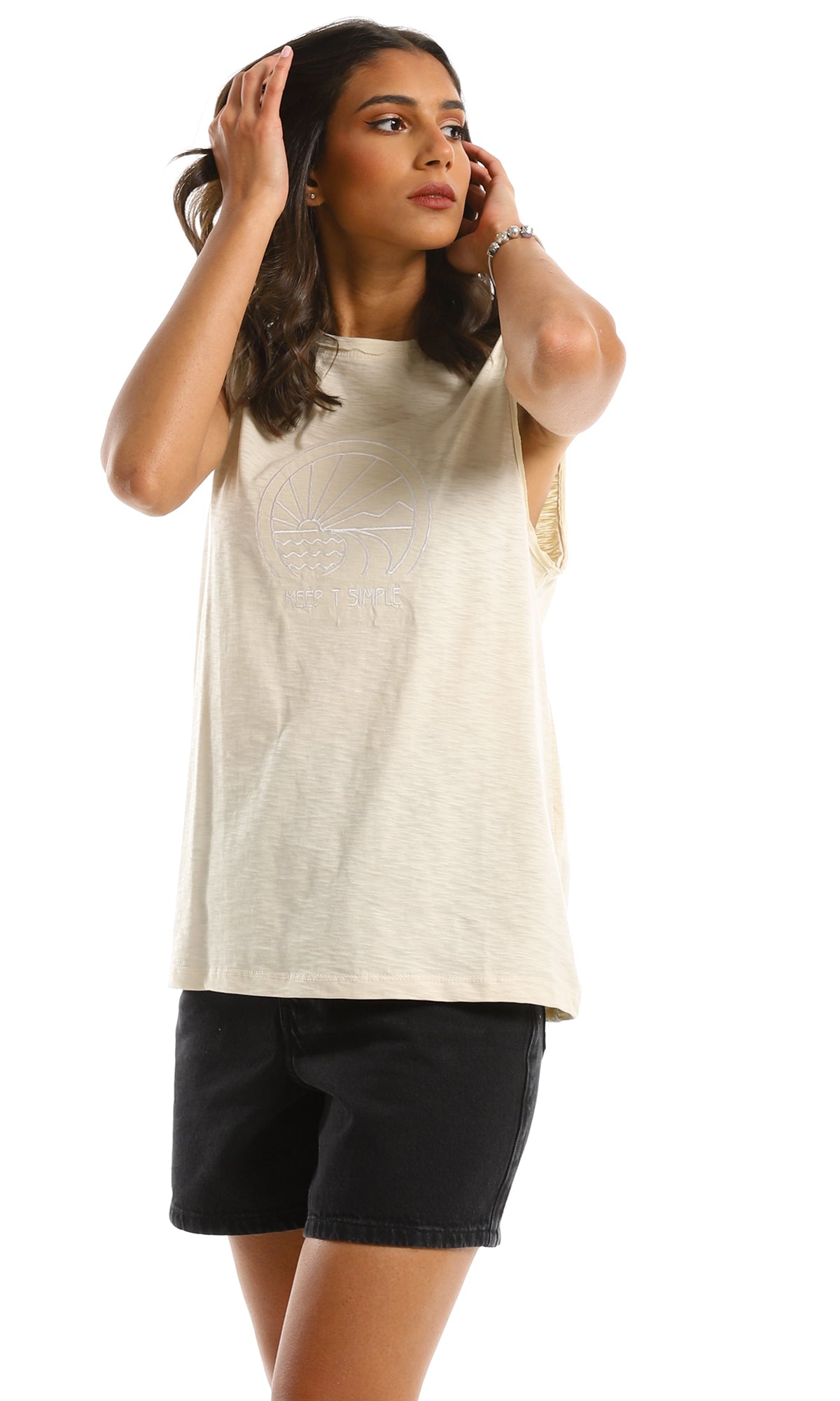 97818 Light Beige "Keep T Simple" Chest Stitched Tank Top