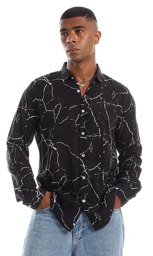 97830 Fashionable Marble Pattern Button Down Shirt - Black & White