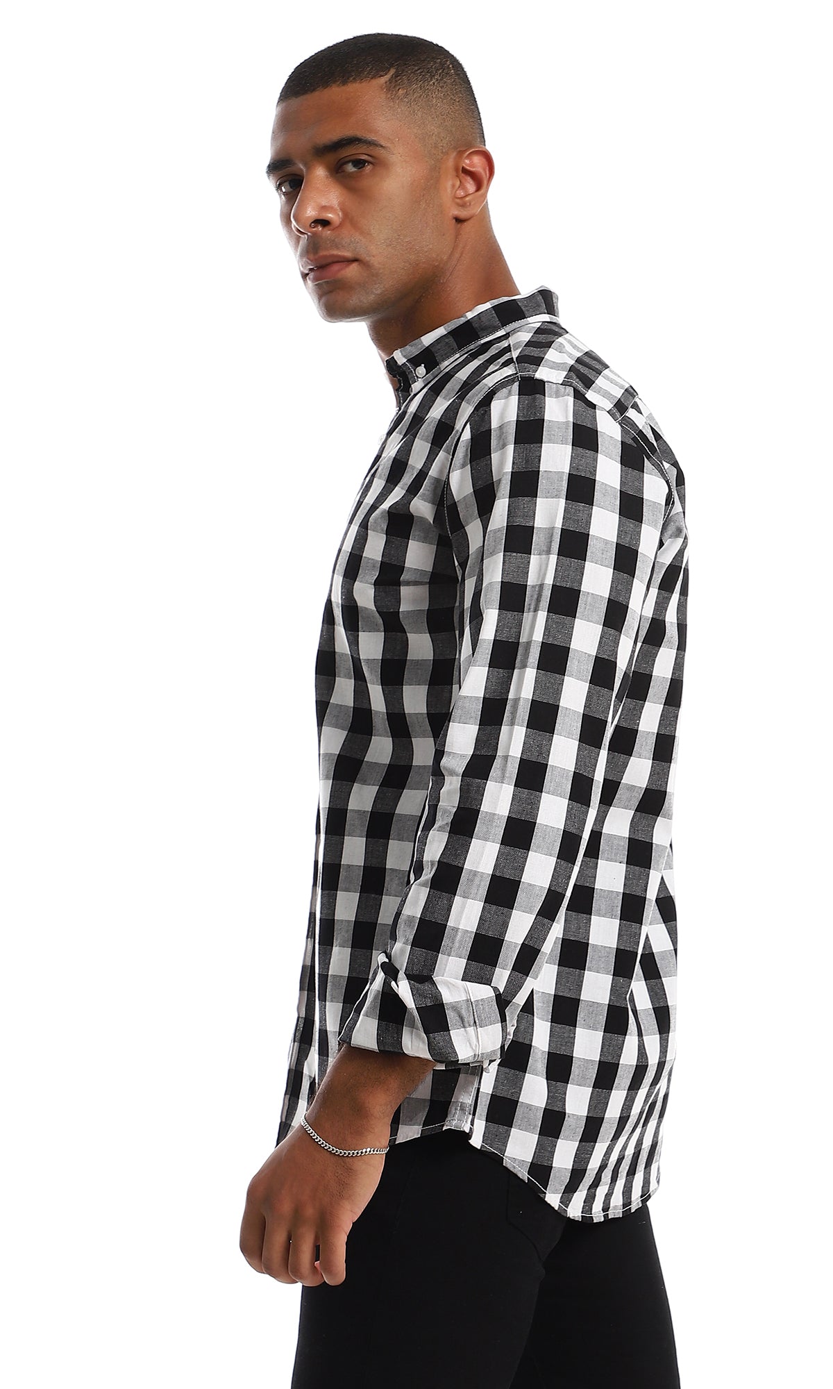 97837 Plaids Classic Neck Cotton Shirt - Black & White