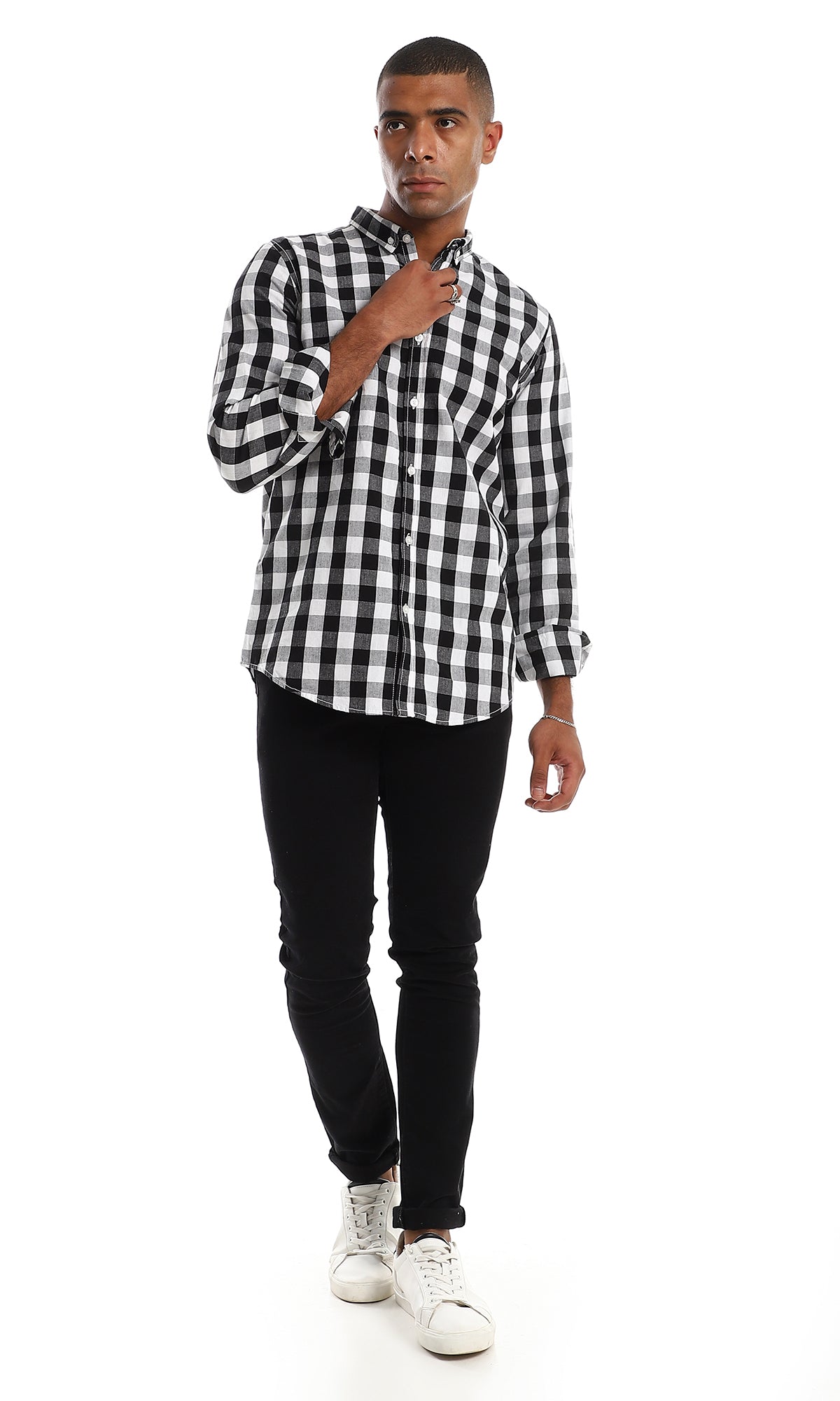 97837 Plaids Classic Neck Cotton Shirt - Black & White