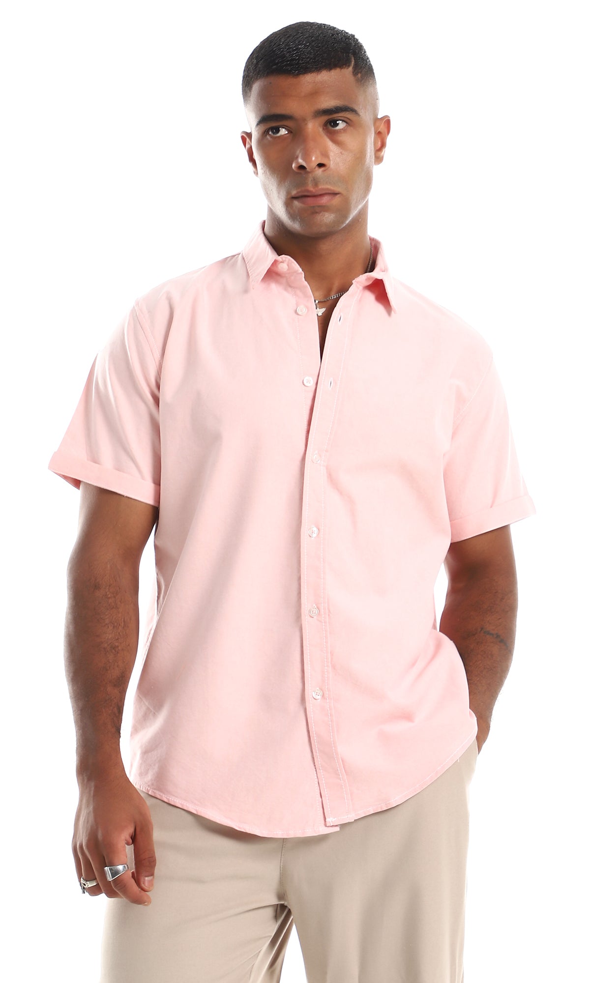 97853 Rolled Up Short Sleeves Button Down Shirt - Rose