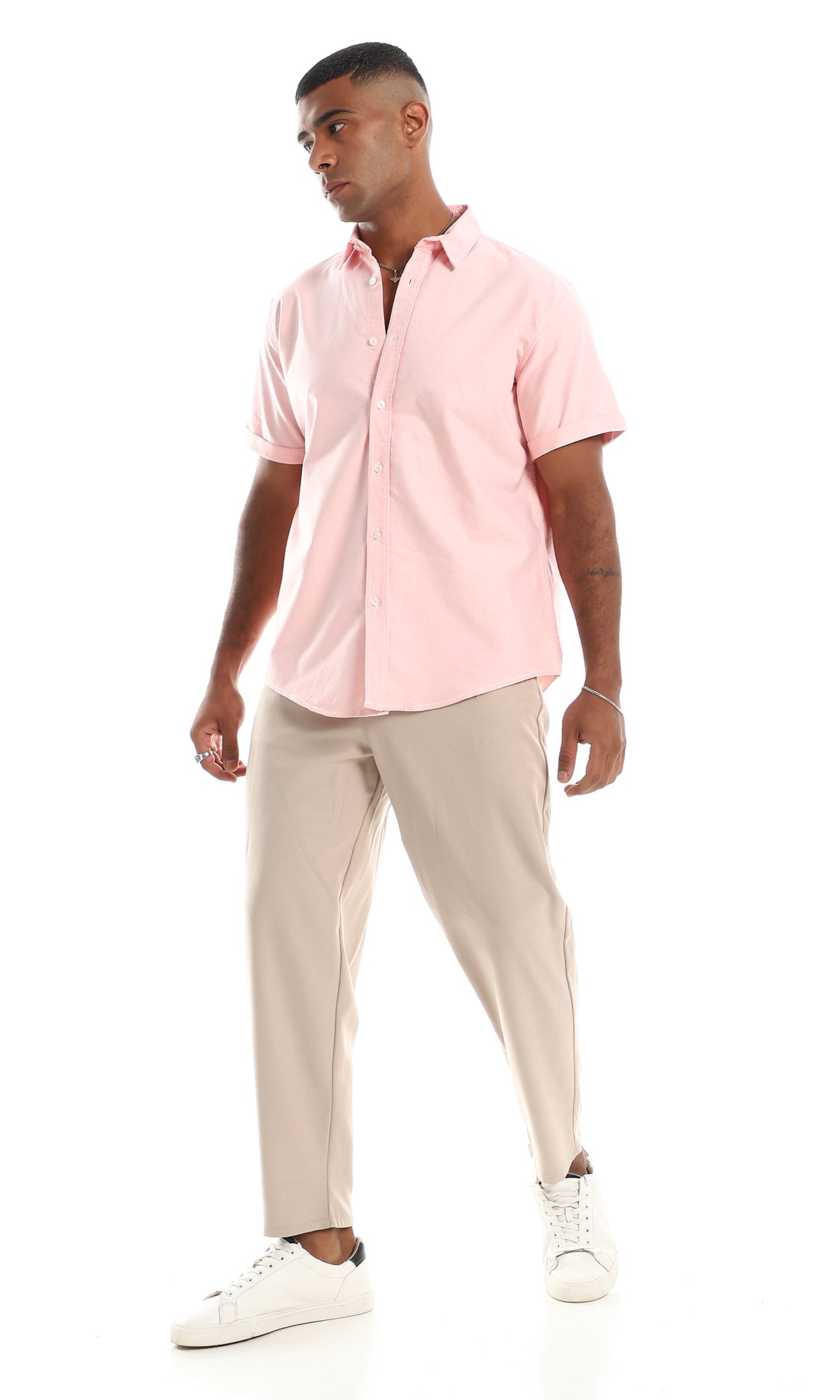 97853 Rolled Up Short Sleeves Button Down Shirt - Rose