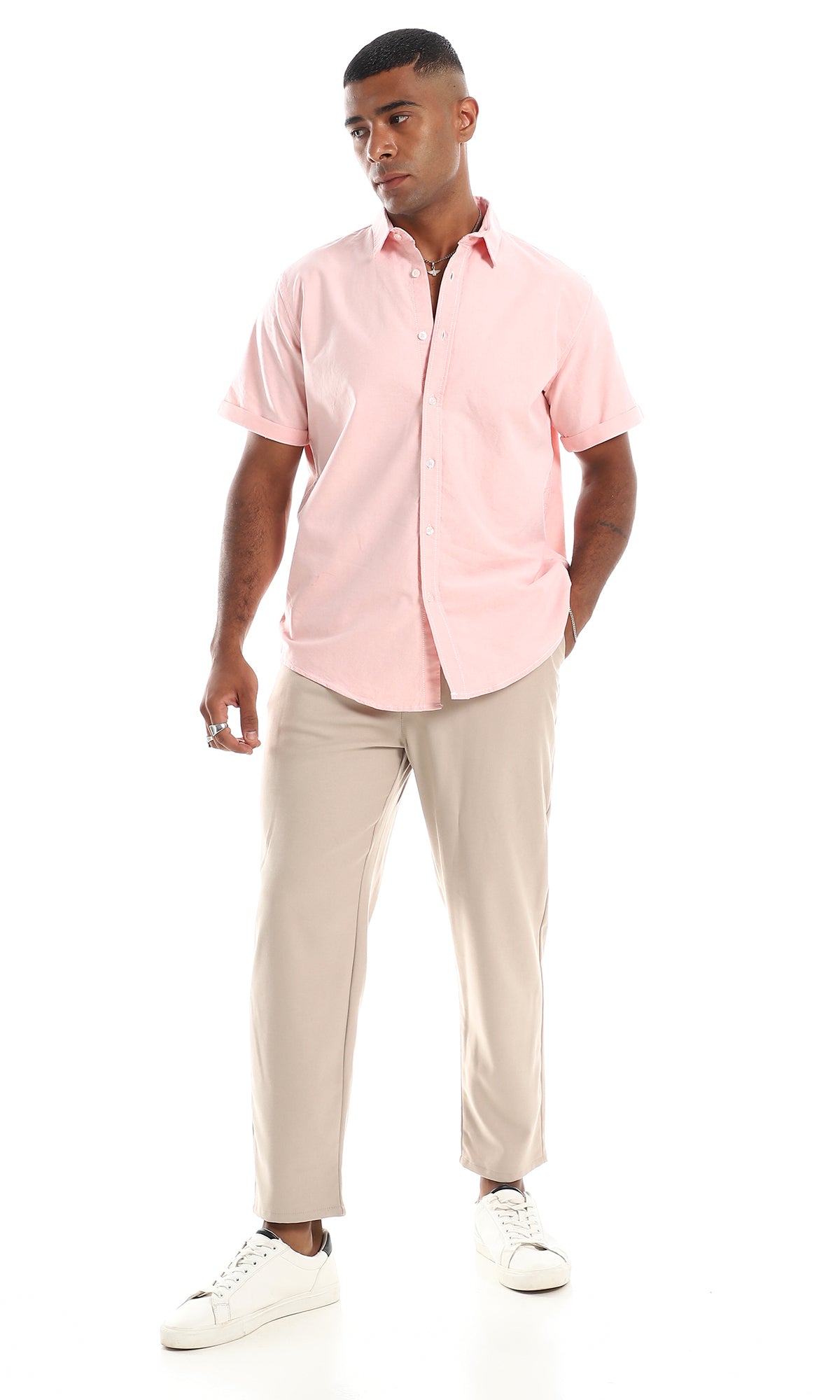 97853 Rolled Up Short Sleeves Button Down Shirt - Rose