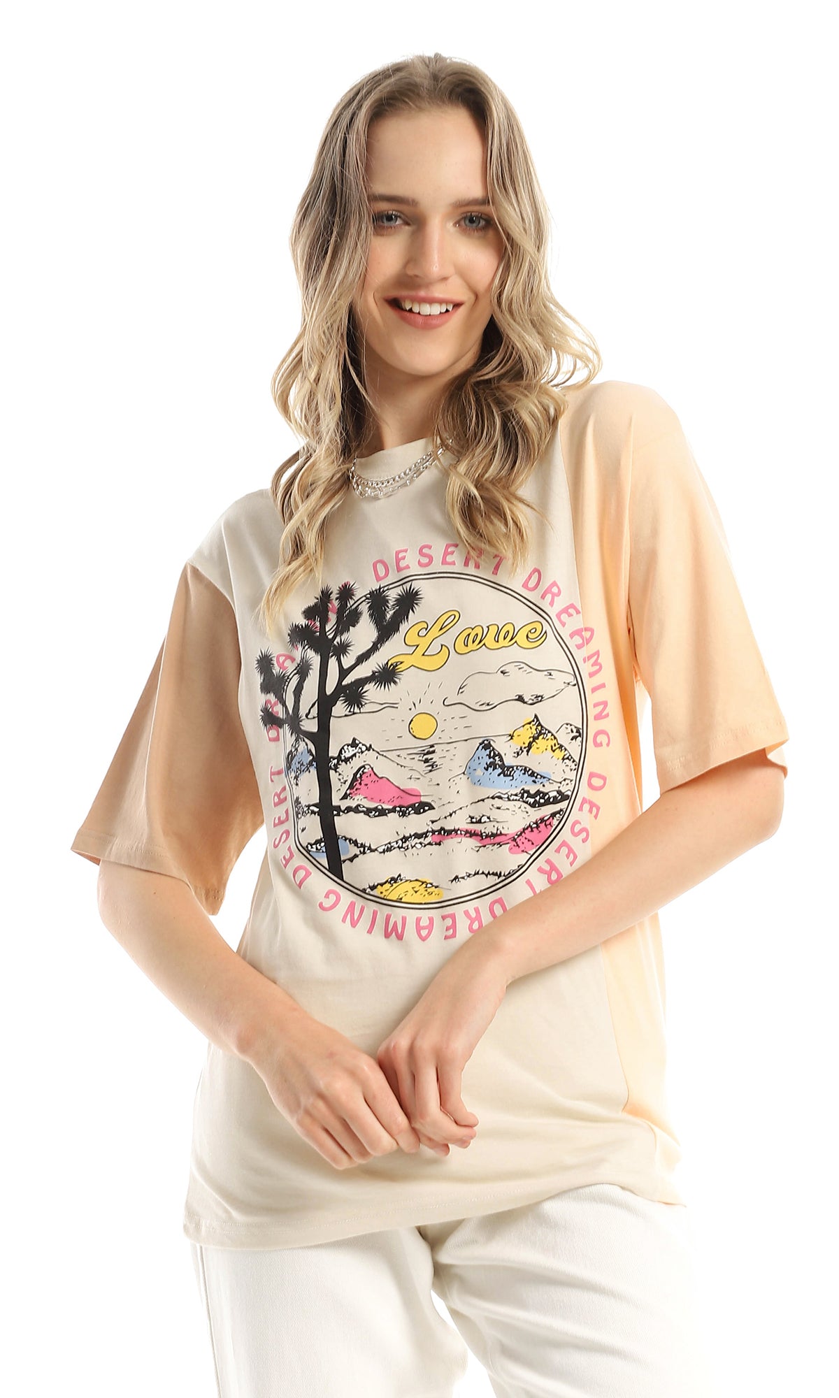 97855 Front Printing Round Neck Light Beige & Simon T-Shirt