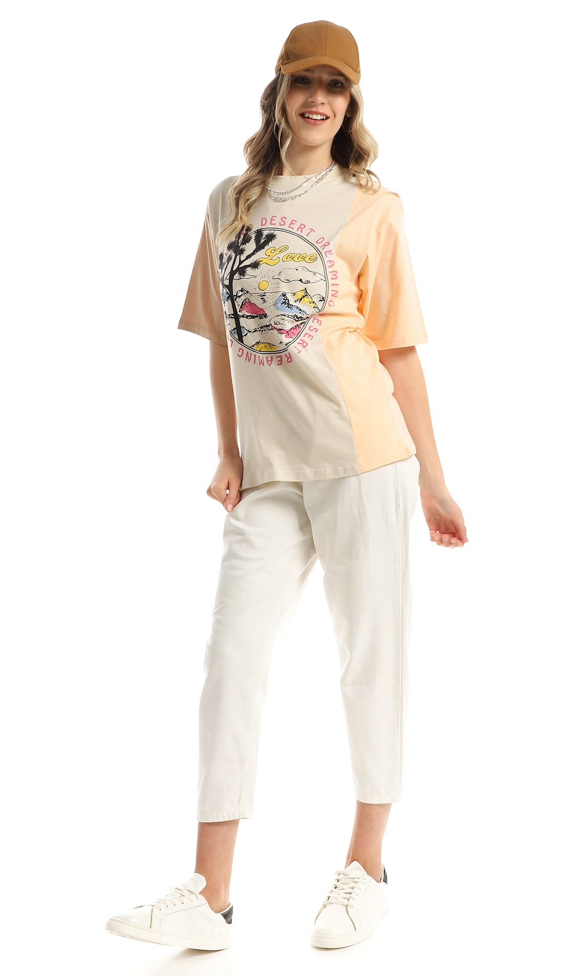 97855 Front Printing Round Neck Light Beige & Simon T-Shirt