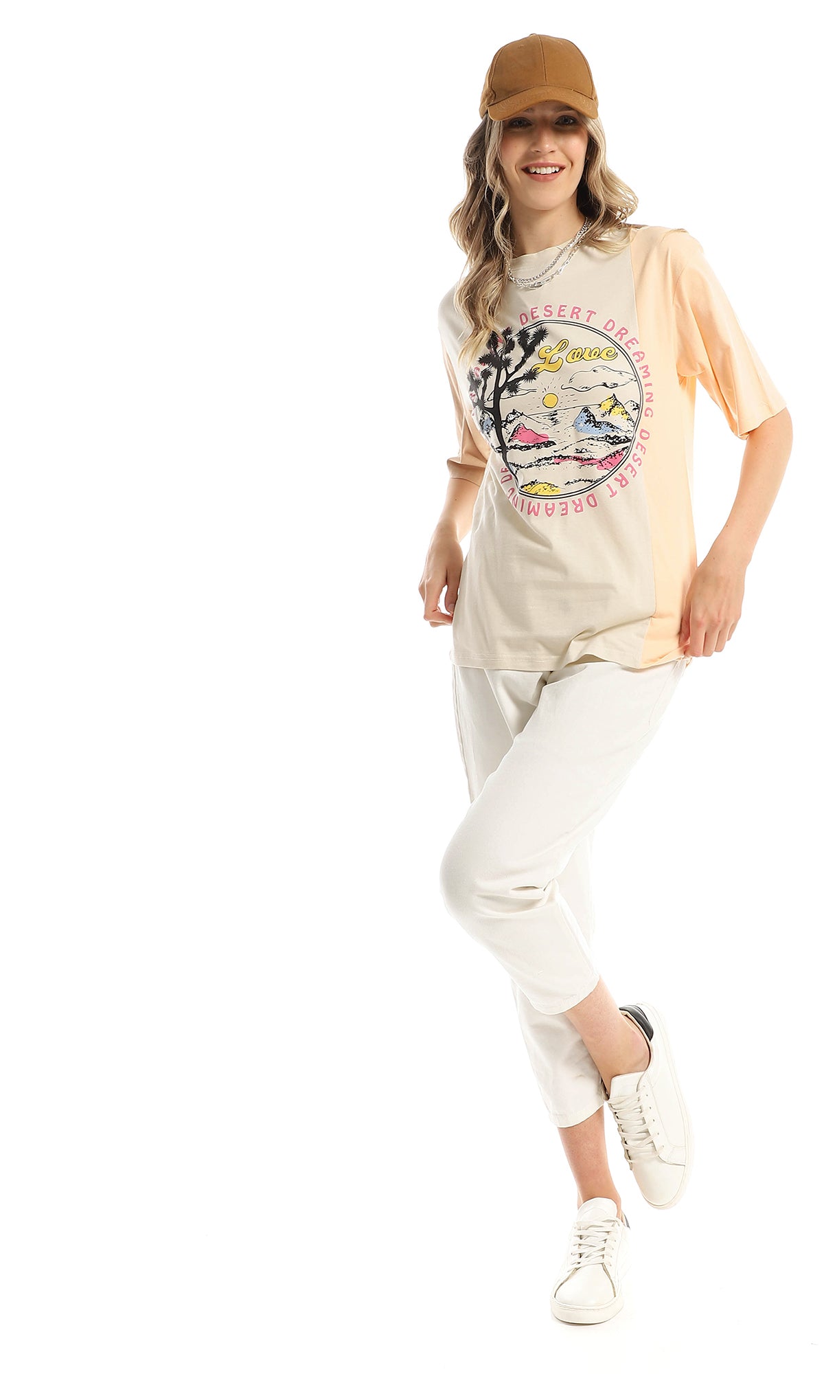 97855 Front Printing Round Neck Light Beige & Simon T-Shirt