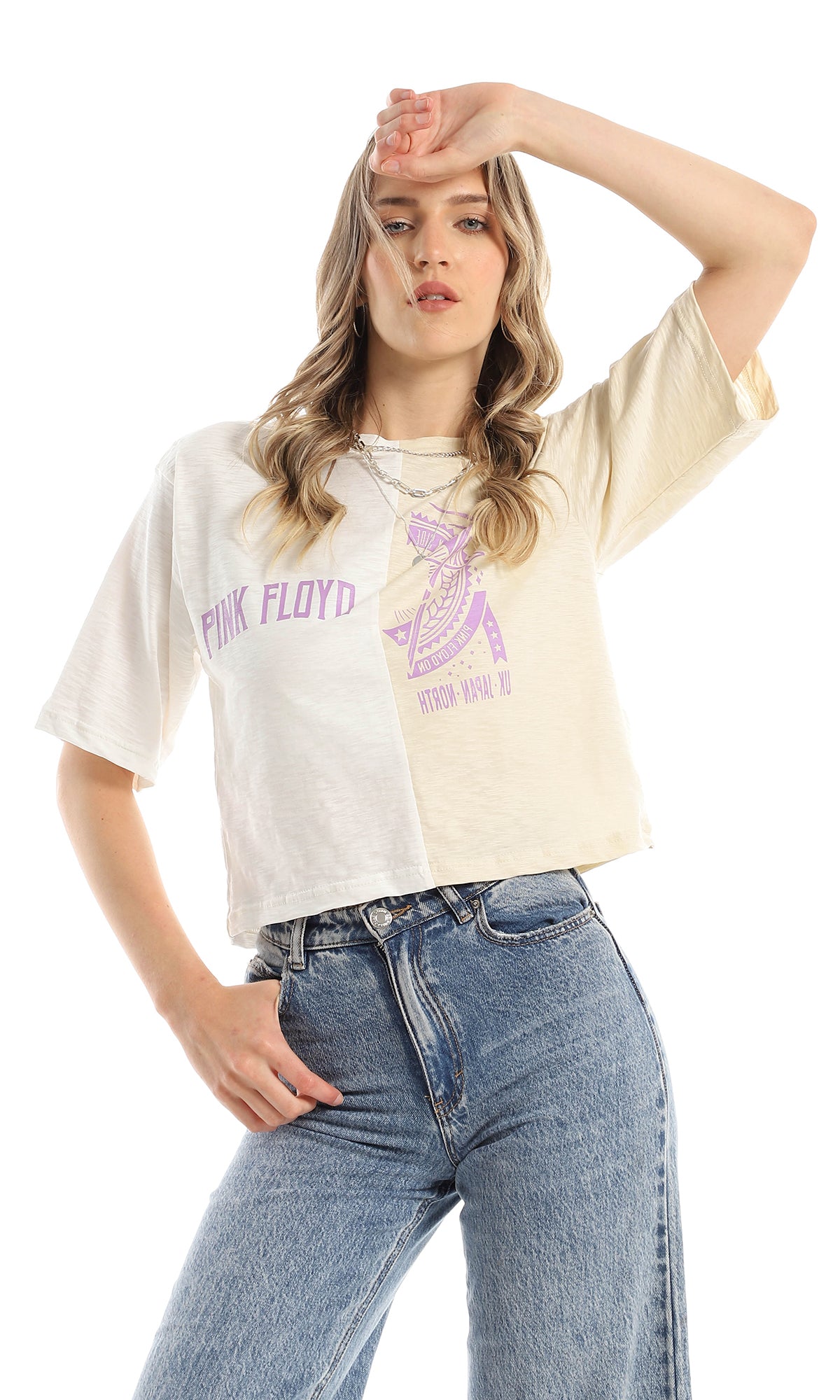 97856 Beige & Off-White Printed "Pink Floyd" Loose Tee