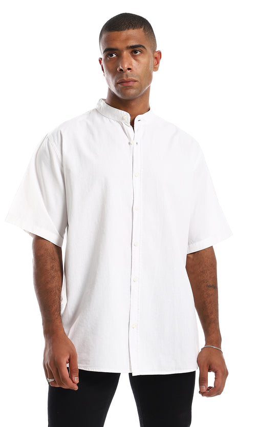 قميص قطن سادة بأزرار وأكمام قصيرة - أبيض