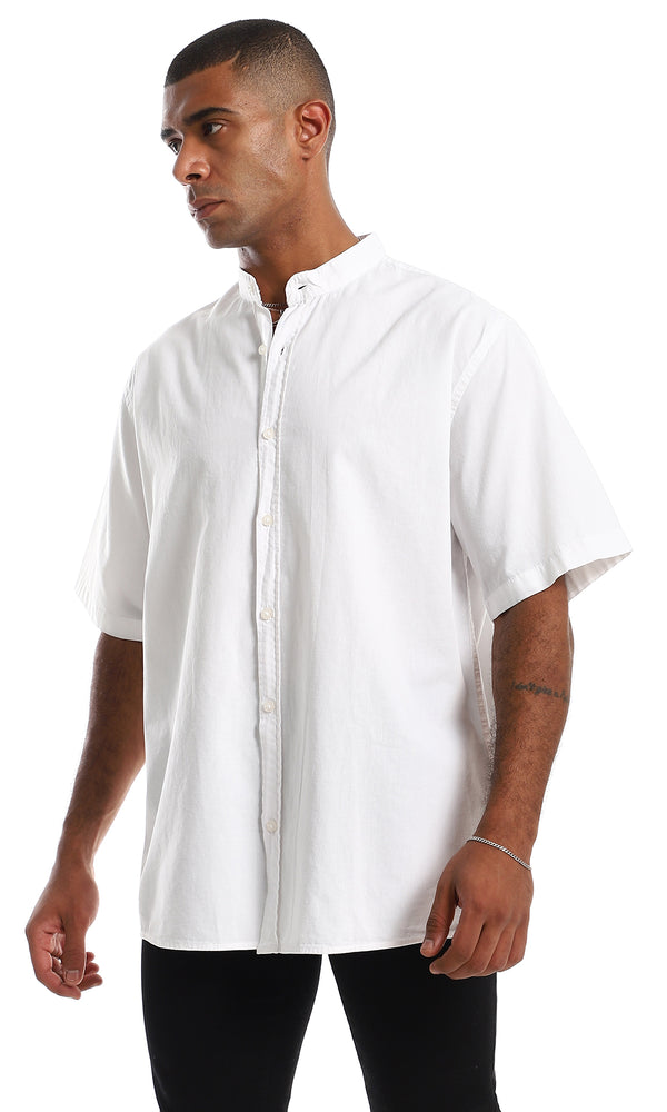 قميص قطن سادة بأزرار وأكمام قصيرة - أبيض