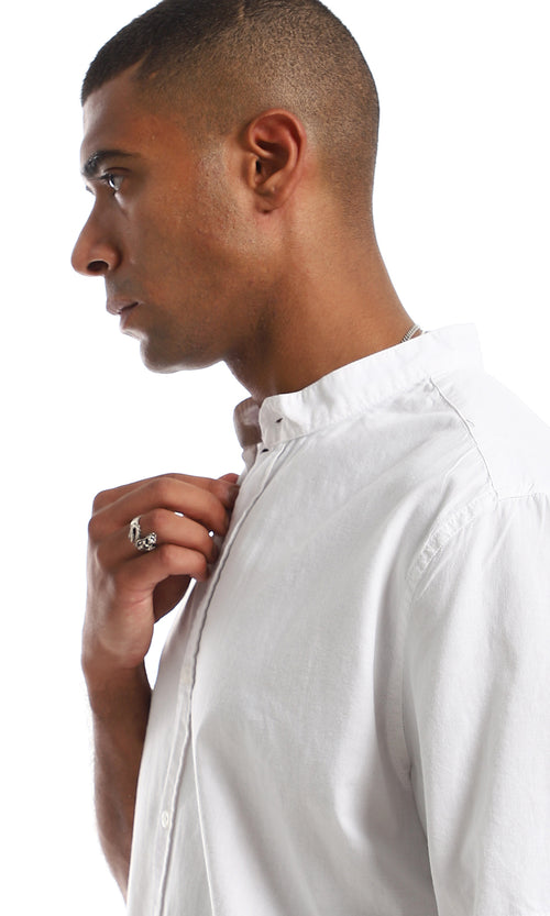 قميص قطن سادة بأزرار وأكمام قصيرة - أبيض