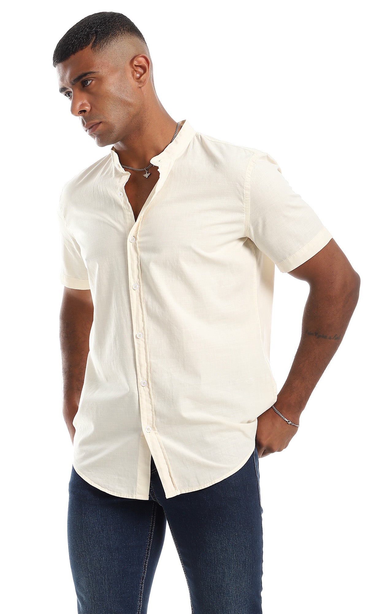 97871 Beige Linen Mandarin Collar Button Down Shirt