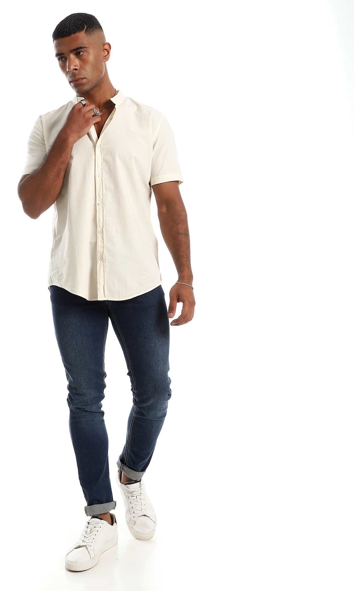97871 Beige Linen Mandarin Collar Button Down Shirt