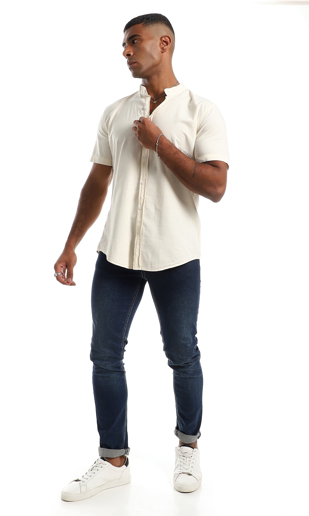 97871 Beige Linen Mandarin Collar Button Down Shirt
