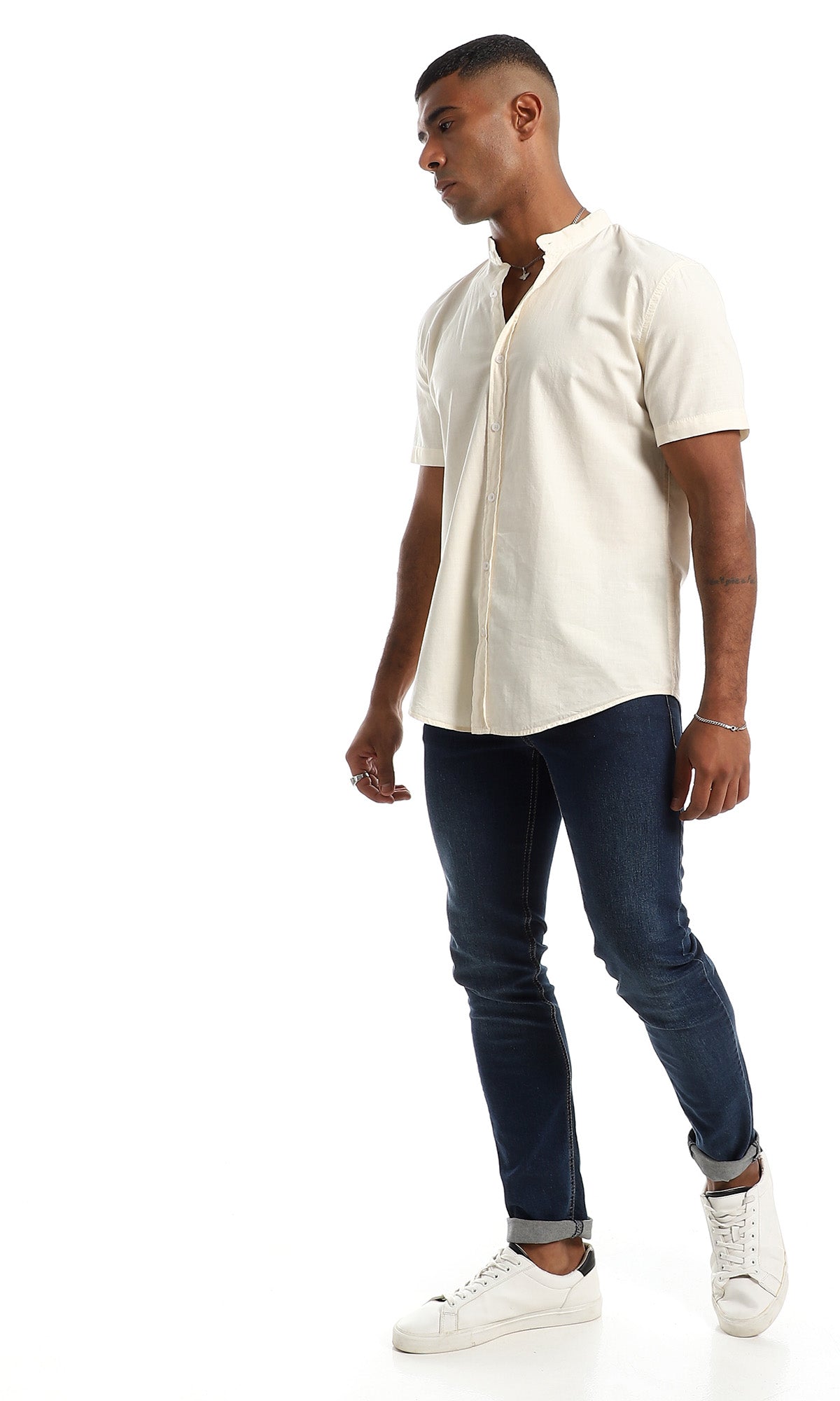 97871 Beige Linen Mandarin Collar Button Down Shirt