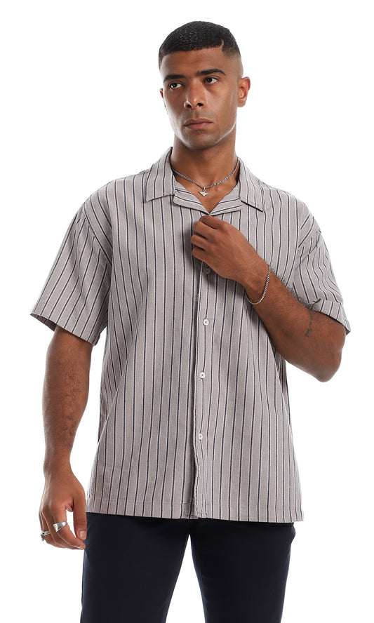 97875 Candy Stripe Pattern Trendy Button Down Shirt - Grey & Navy Blue
