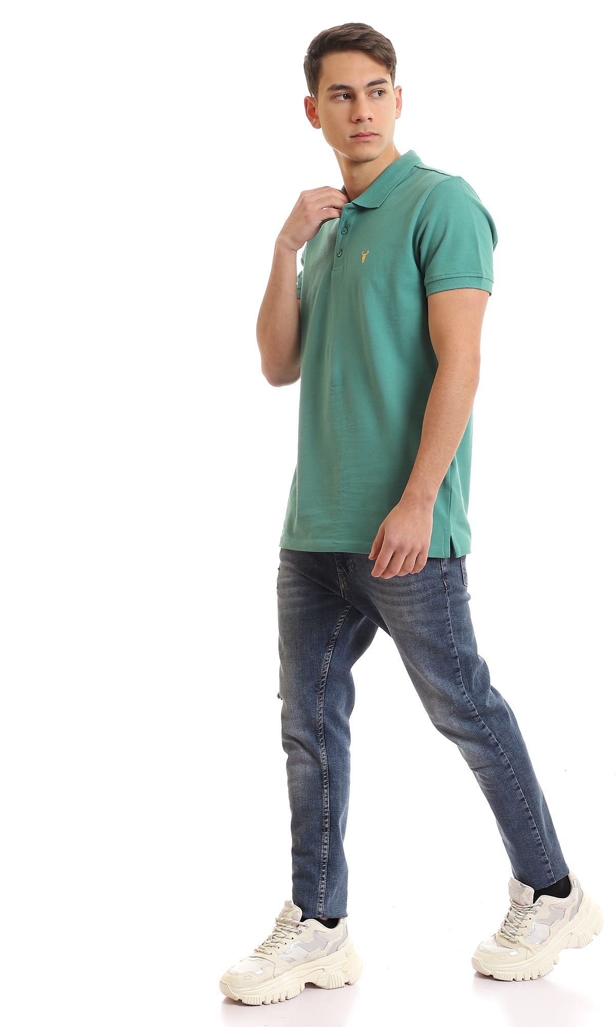 97899 Upper Buttoned Cotton Pique Polo Shirt - Dark Aquamarine Green
