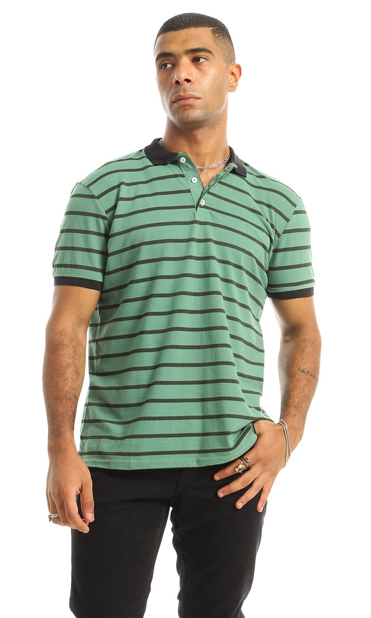 97911 Striped Upper Buttoned Cotton Polo Shirt - Green & Black