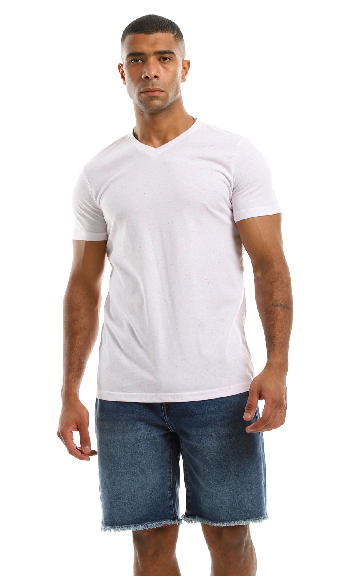 Men's White Flecked V-Neck Short Sleeve T-Shirt - 97924