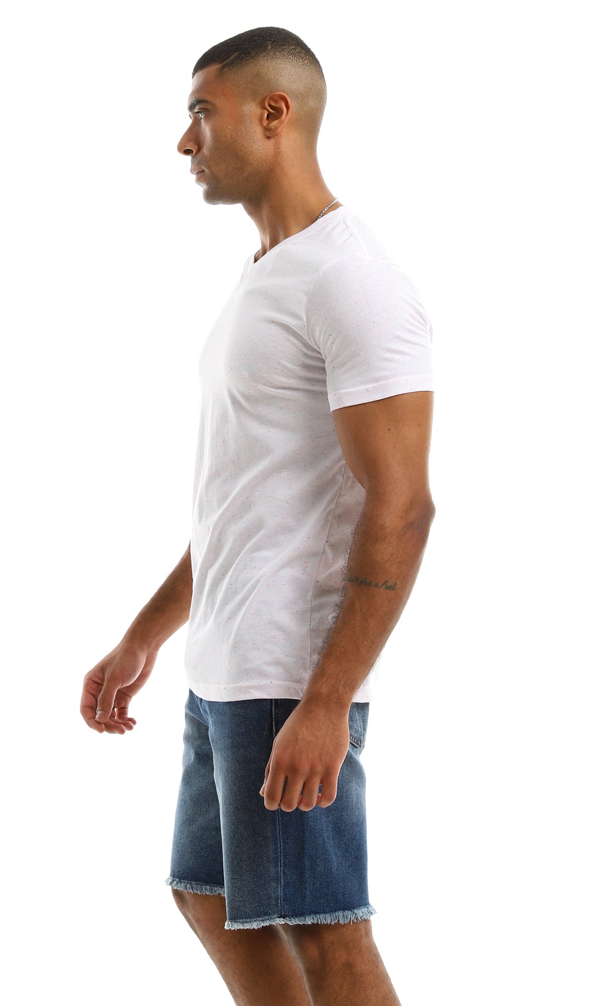 Men's White Flecked V-Neck Short Sleeve T-Shirt - 97924