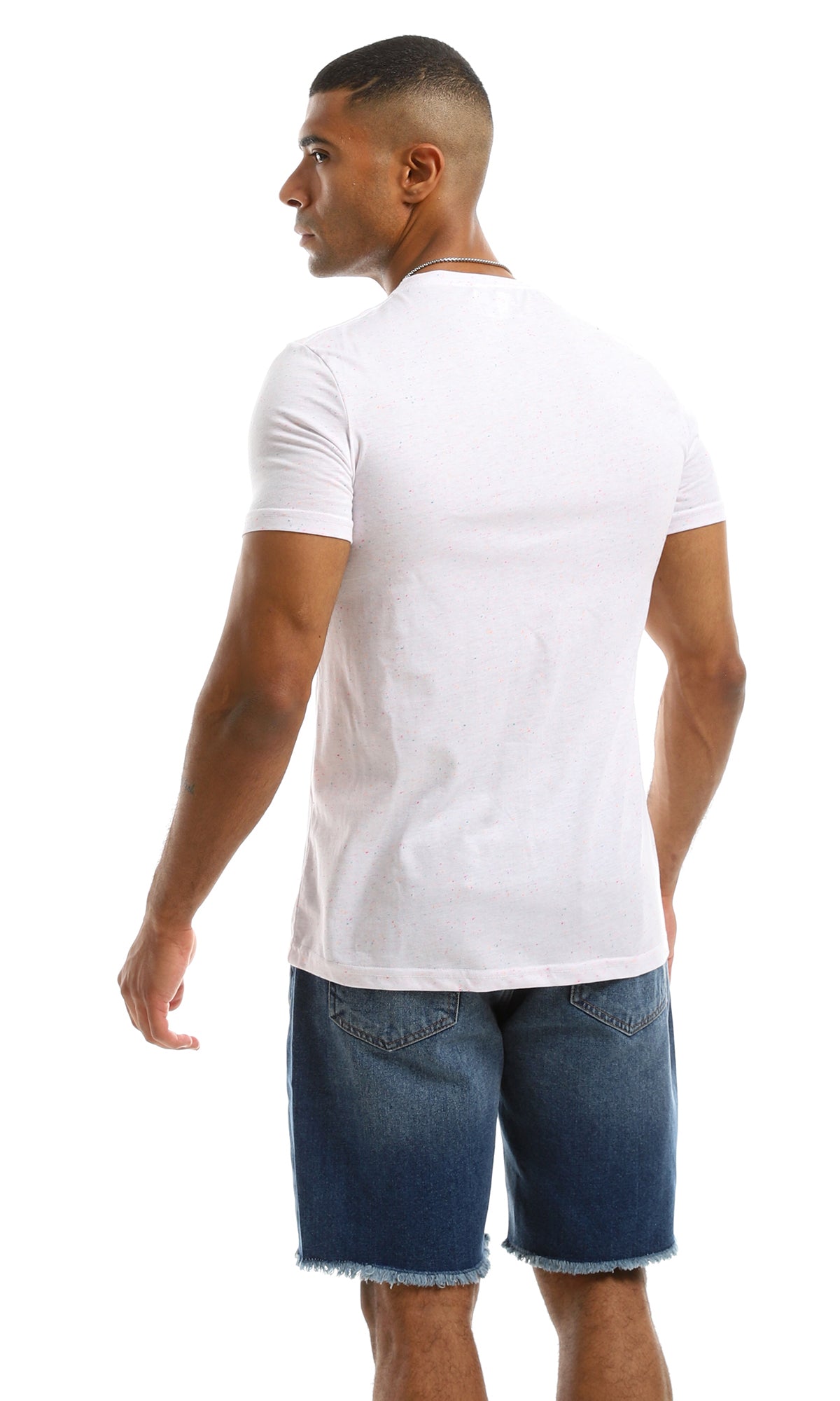 Men's White Flecked V-Neck Short Sleeve T-Shirt - 97924