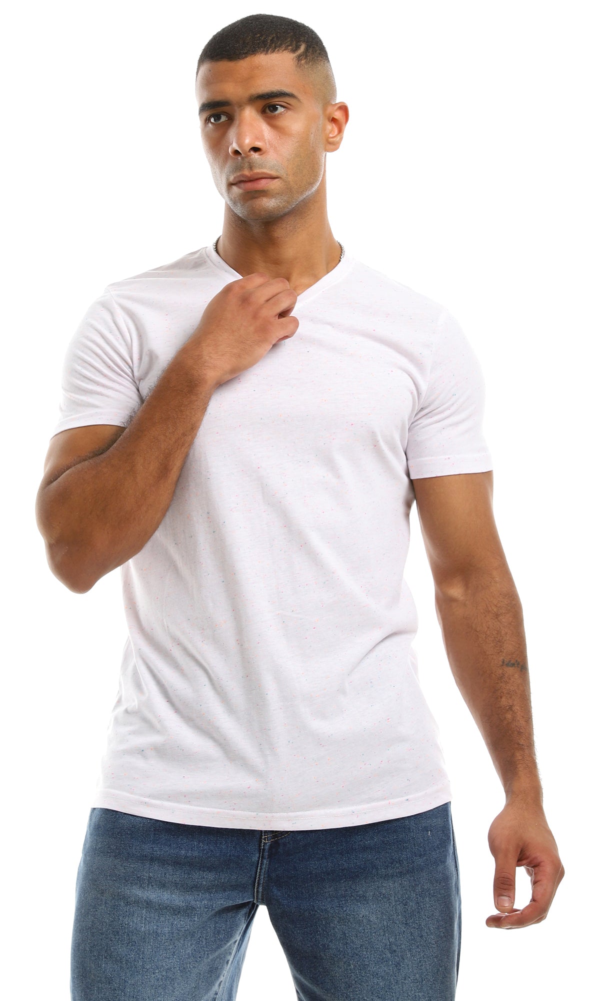 Men's White Flecked V-Neck Short Sleeve T-Shirt - 97924