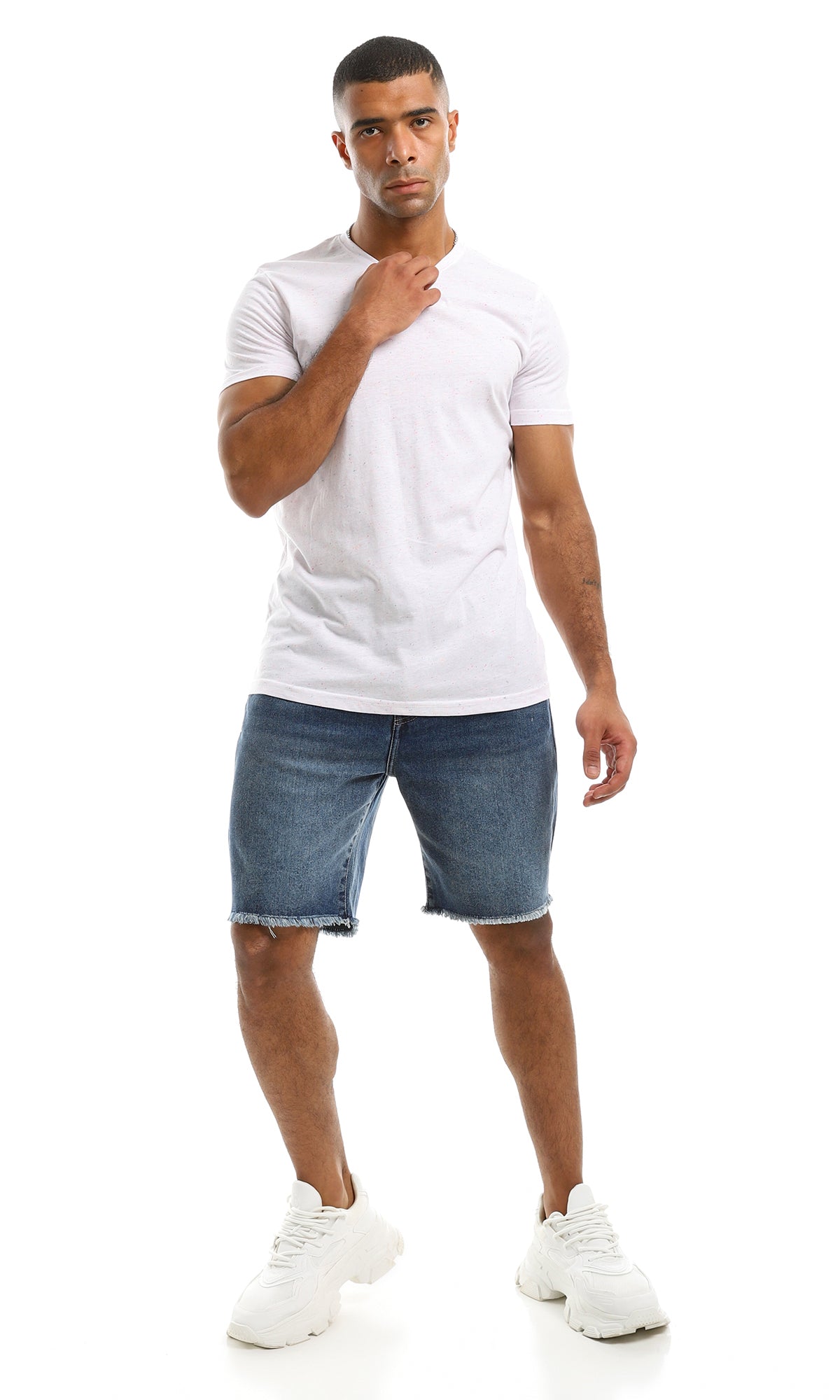 Men's White Flecked V-Neck Short Sleeve T-Shirt - 97924