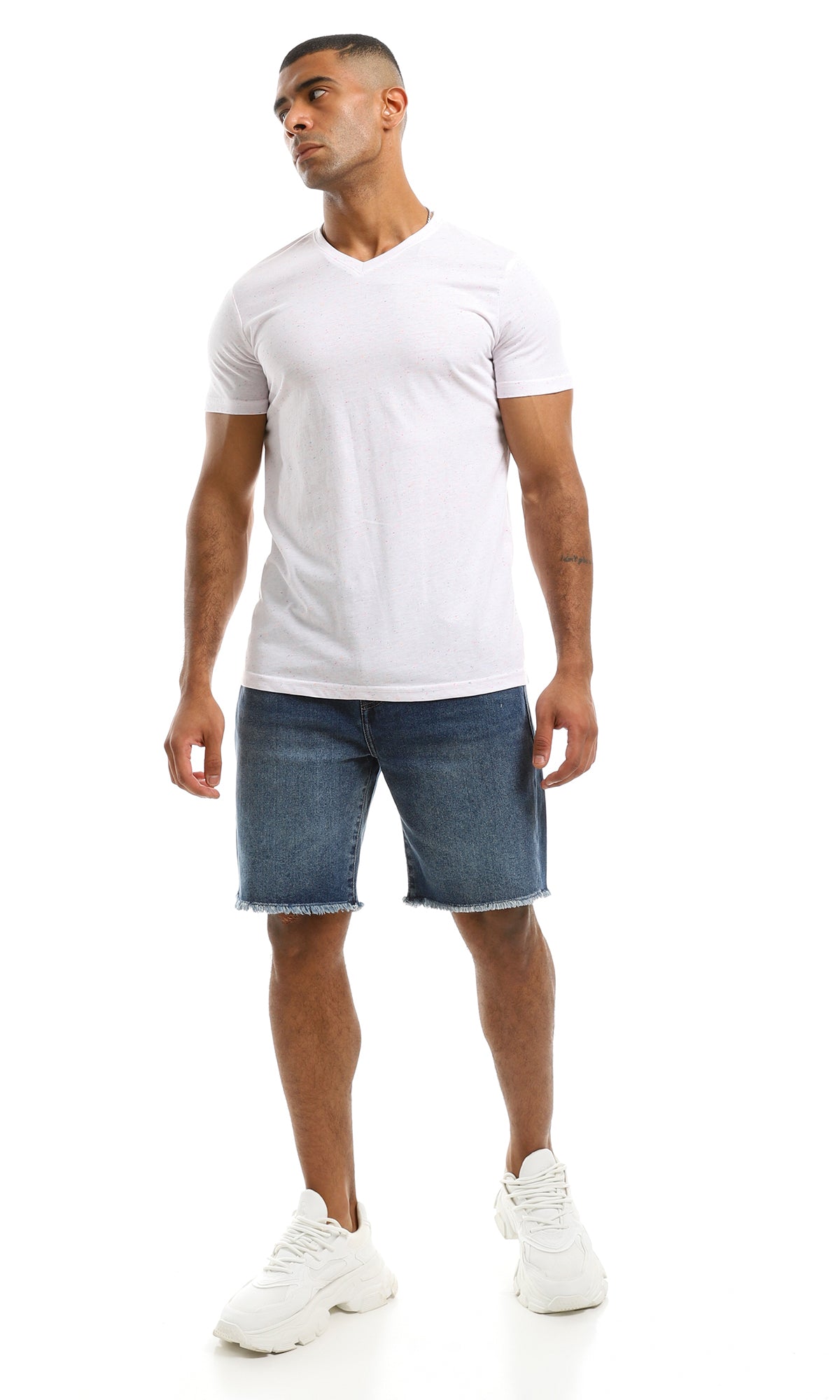 Men's White Flecked V-Neck Short Sleeve T-Shirt - 97924