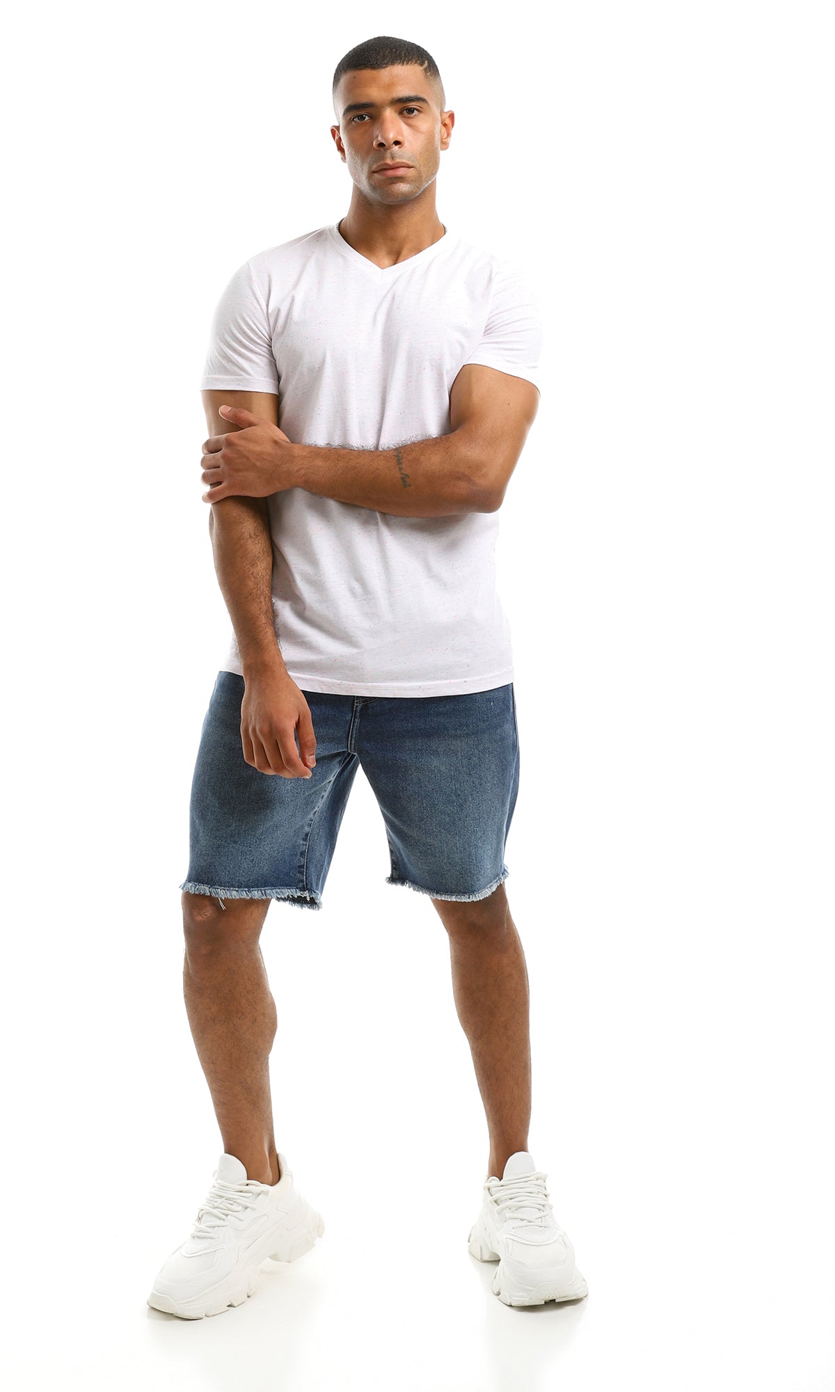 Men's White Flecked V-Neck Short Sleeve T-Shirt - 97924