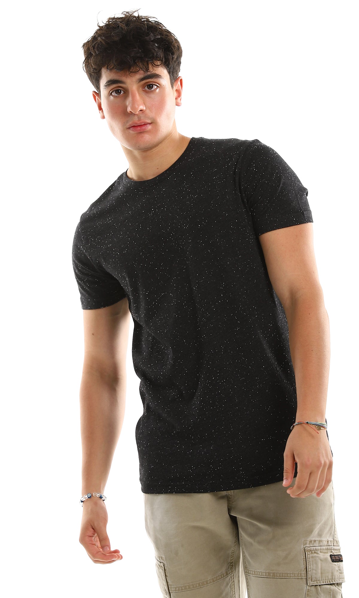 97930 Black Casual Basic Cotton Tee With Heather Touch