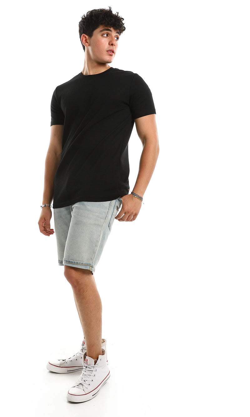 97932 Self Ribbed Slip On Casual Black Tee