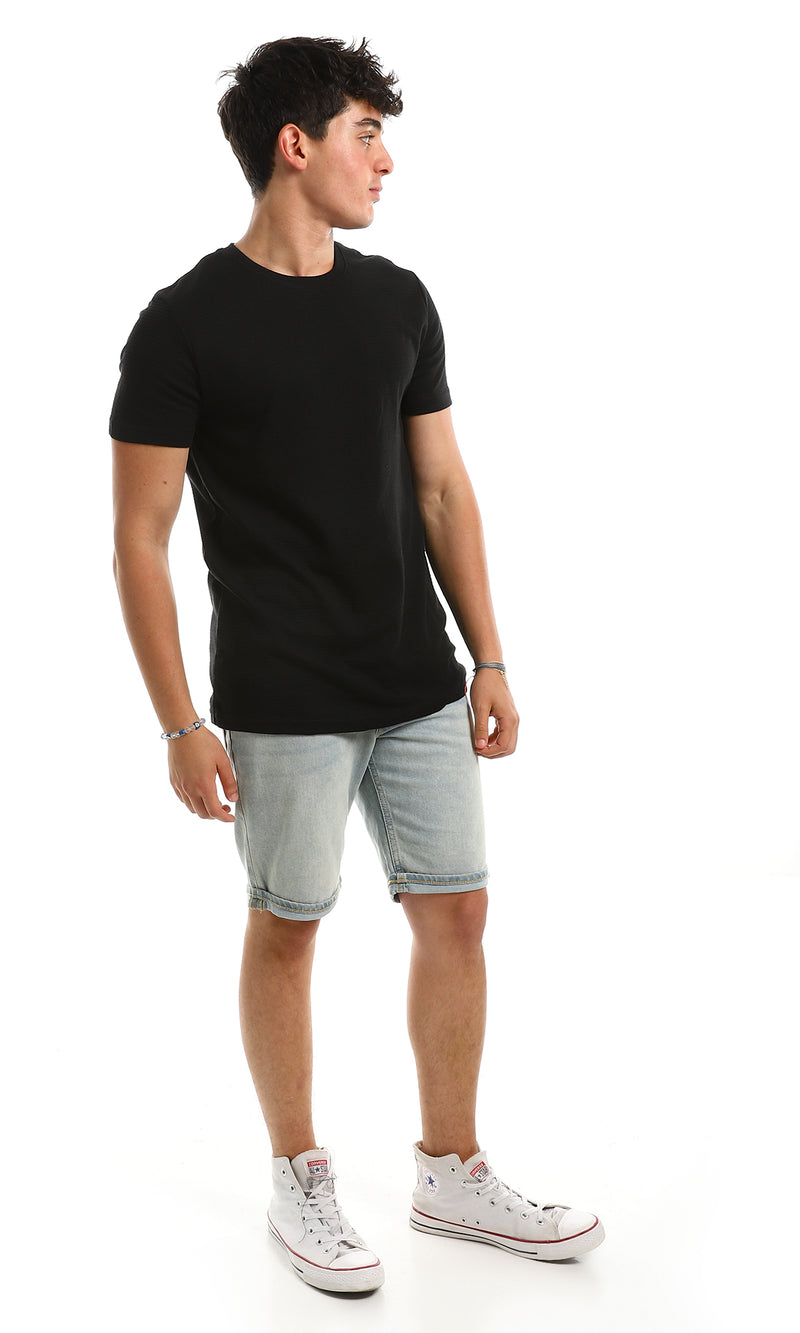 97932 Self Ribbed Slip On Casual Black Tee