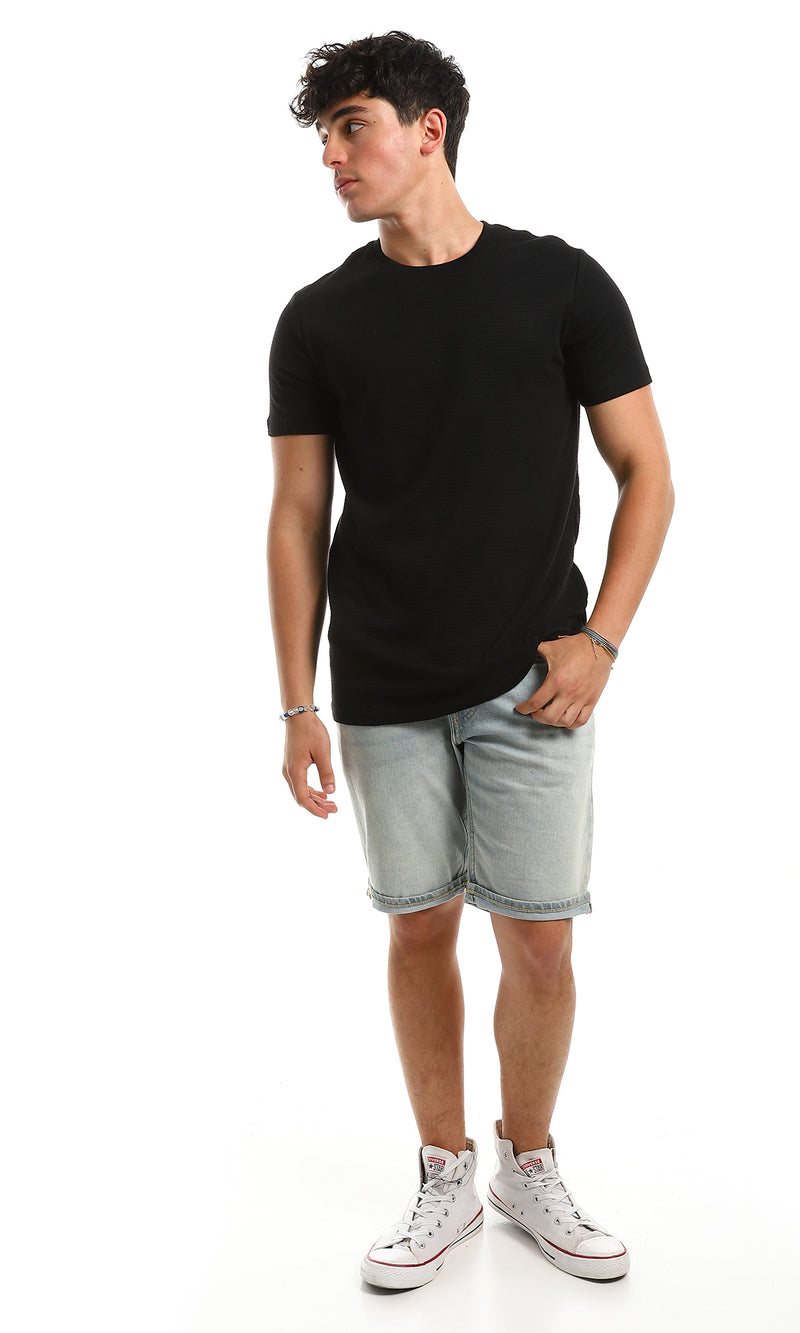 97932 Self Ribbed Slip On Casual Black Tee
