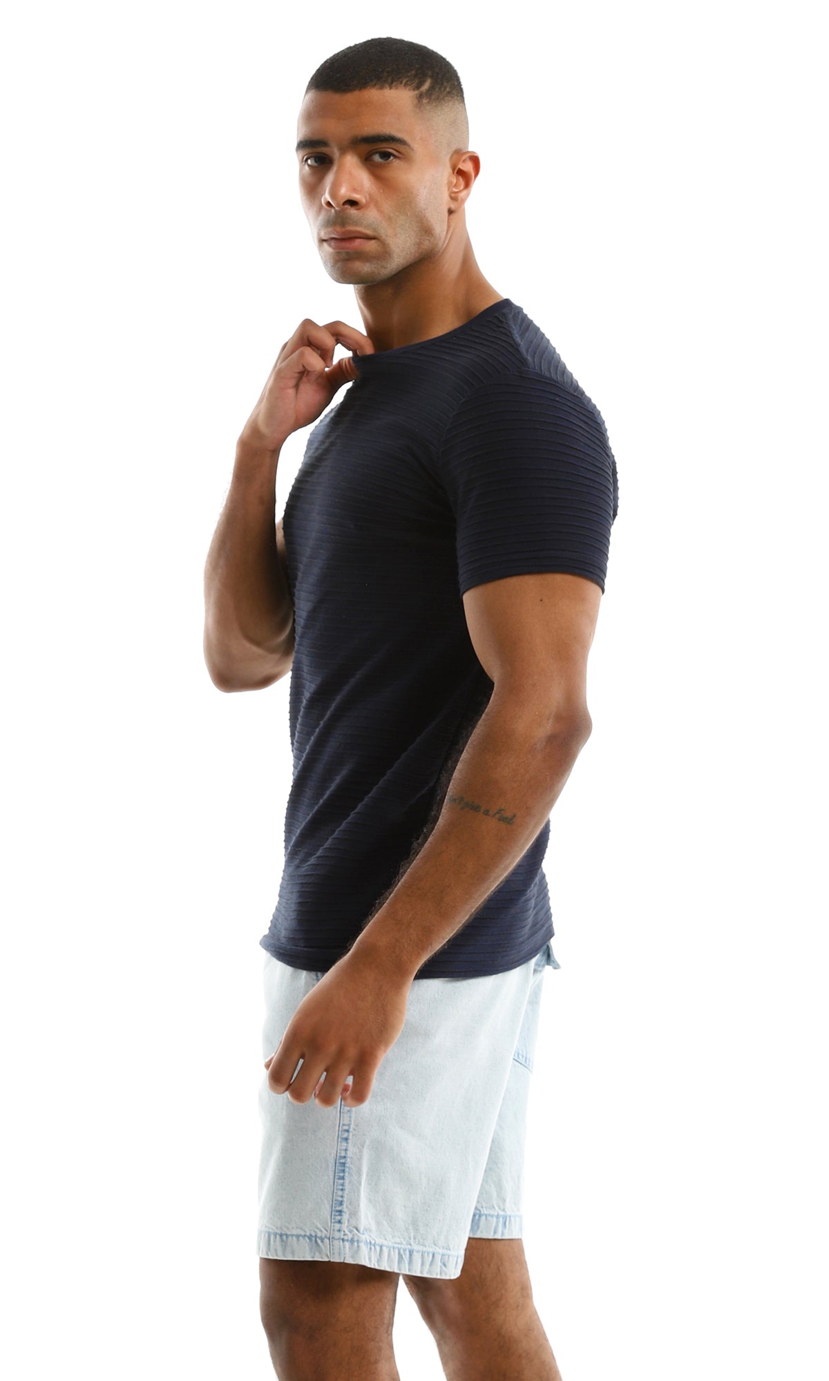 Navy Blue Textured Self-Striped Oversized Tee - 97934