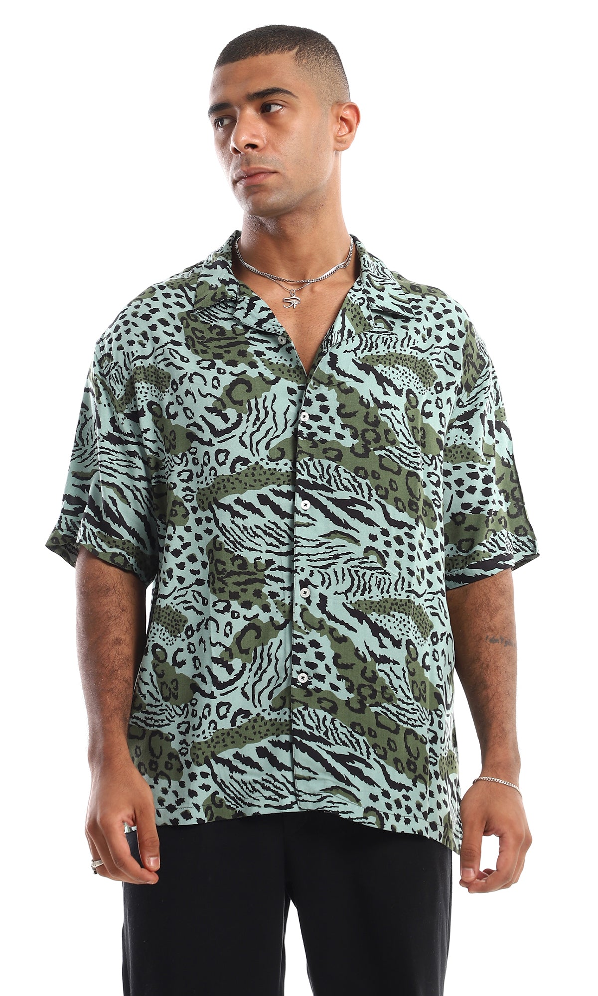 97941 Wild Animal Print Half Sleeves Shirt - Green Shades & Black