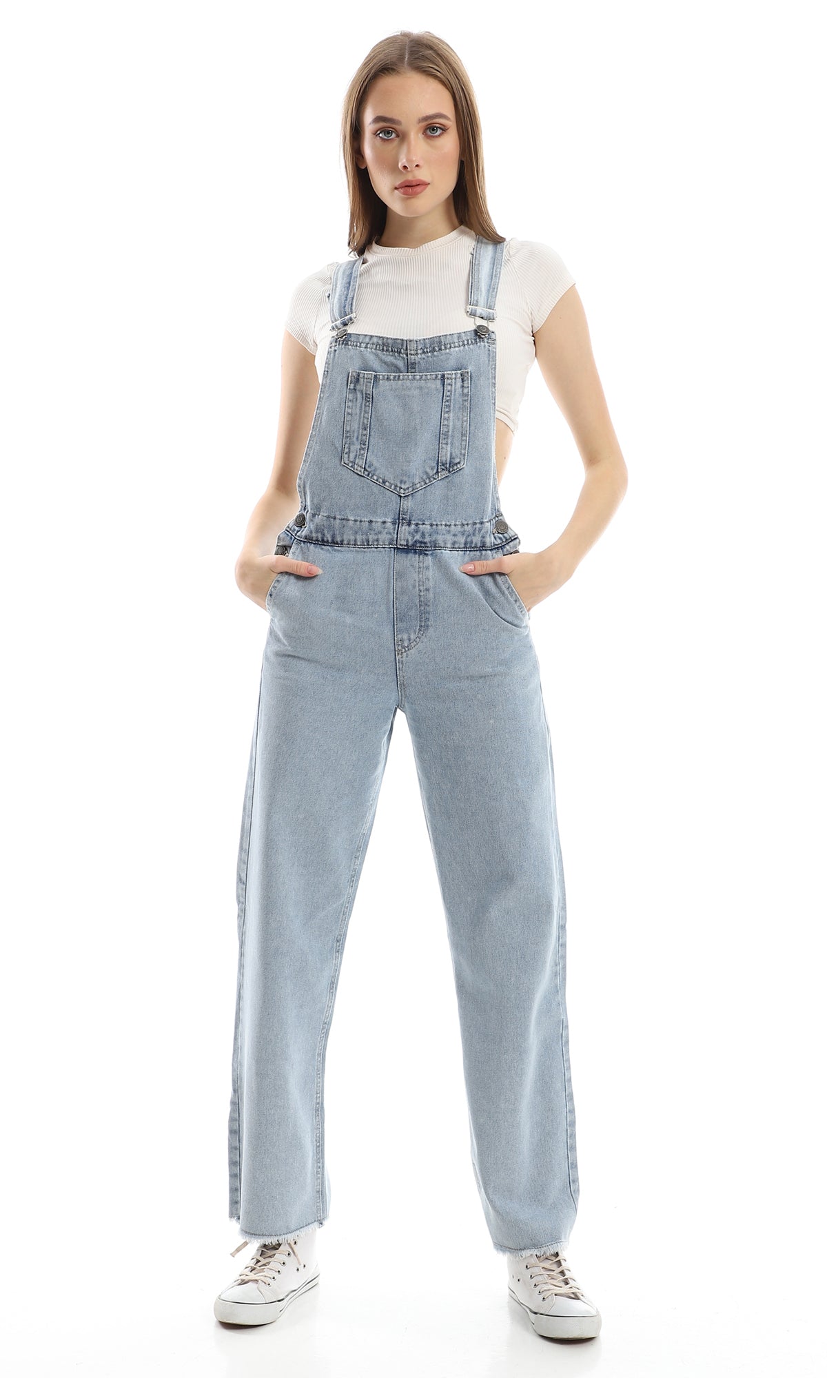 97960 Slash Pockets Wide Leg Buttons Closure Denim Overall - Stonewash