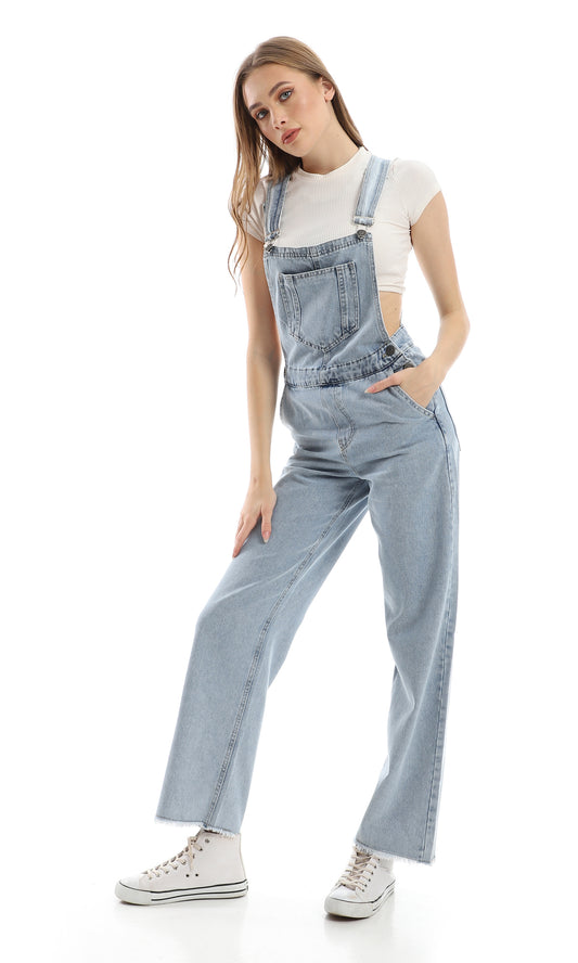 97960 Slash Pockets Wide Leg Buttons Closure Denim Overall - Stonewash