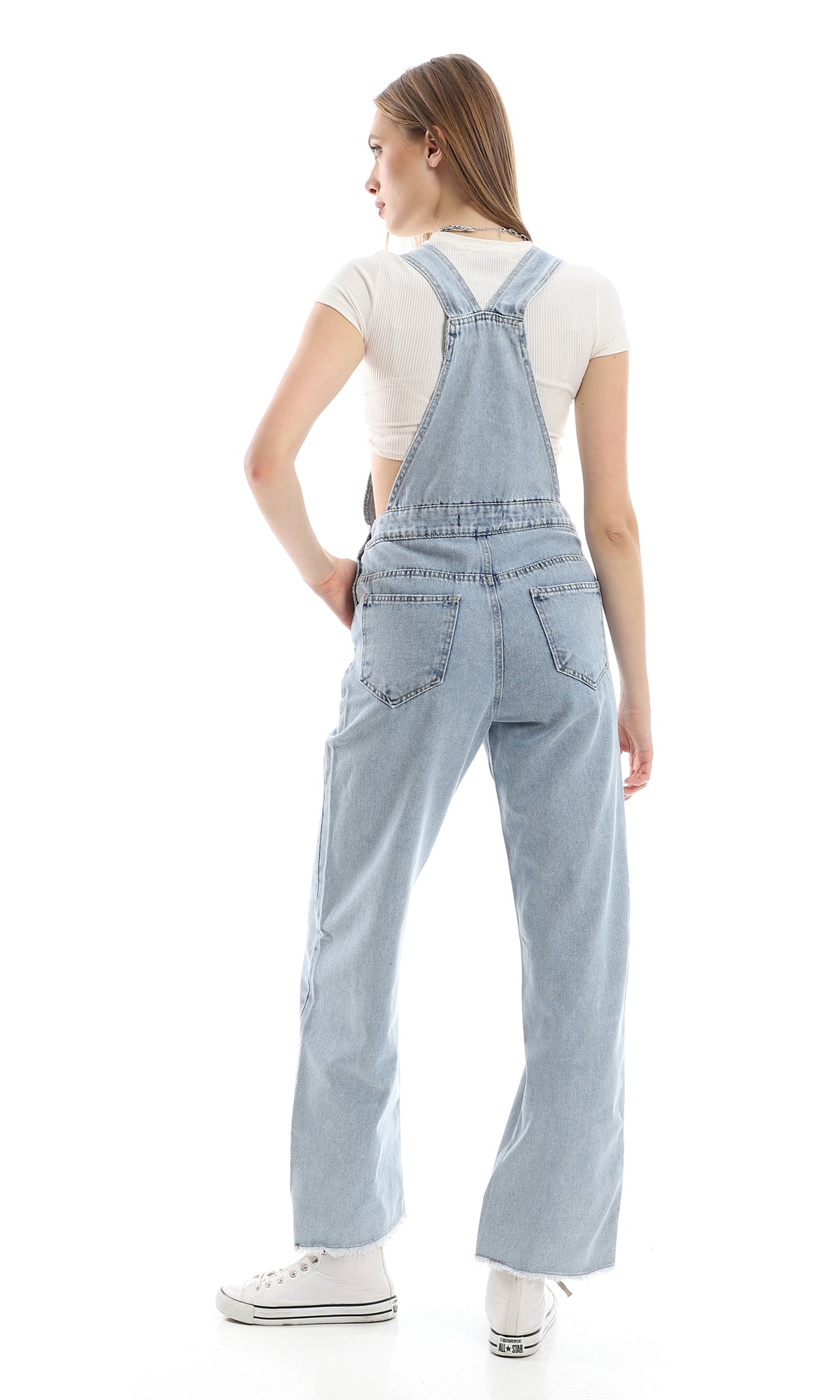 97960 Slash Pockets Wide Leg Buttons Closure Denim Overall - Stonewash