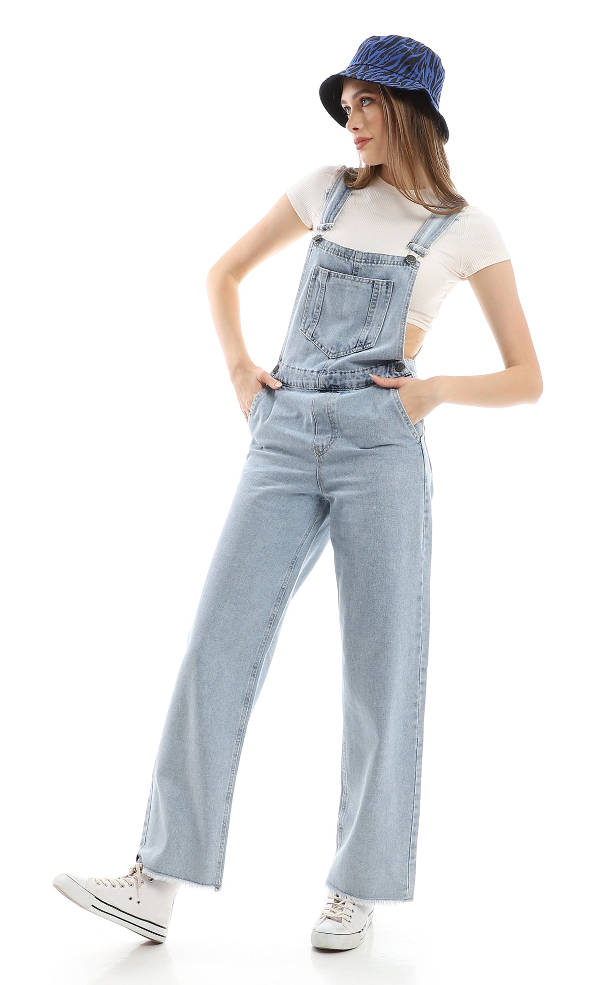 97960 Slash Pockets Wide Leg Buttons Closure Denim Overall - Stonewash