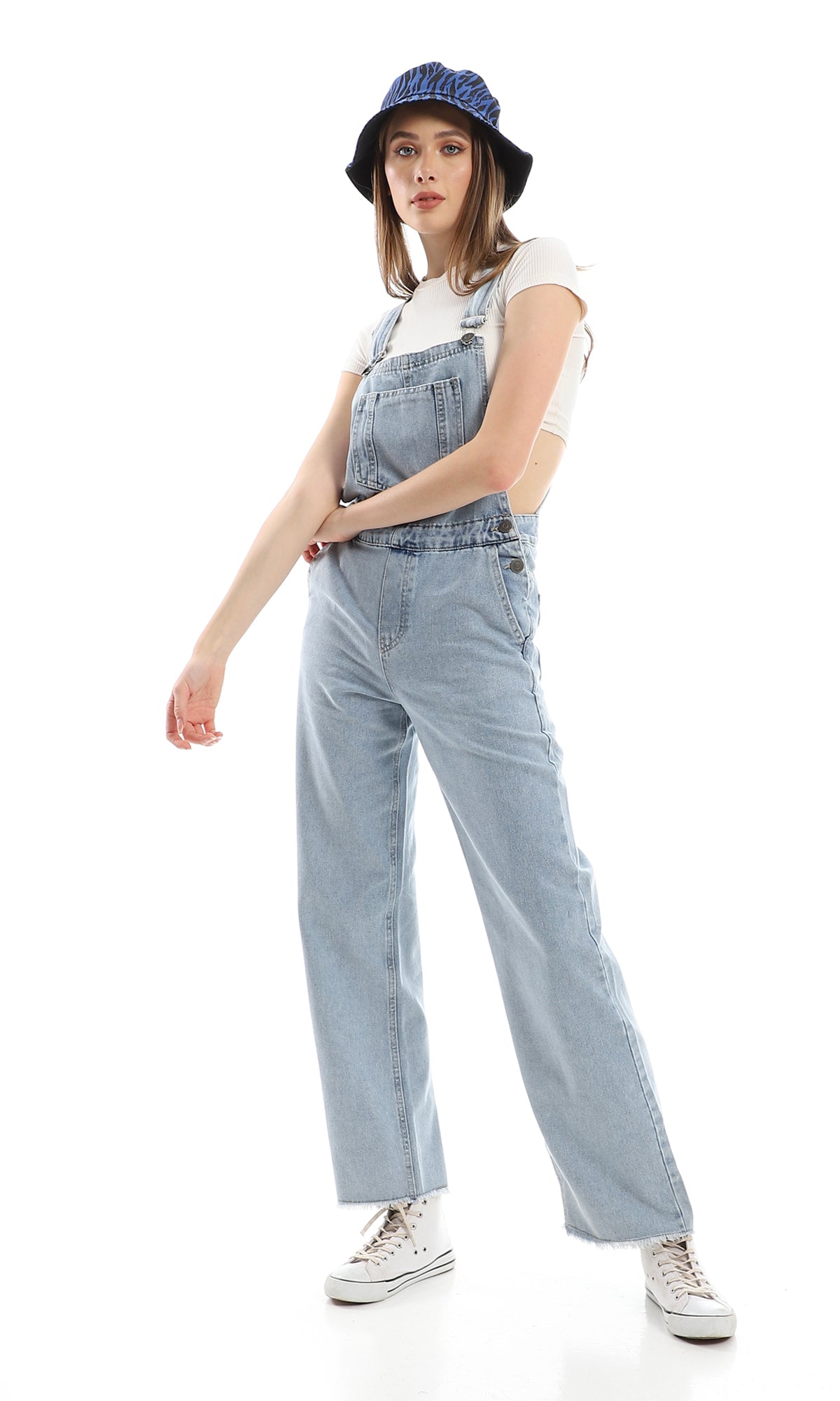 97960 Slash Pockets Wide Leg Buttons Closure Denim Overall - Stonewash