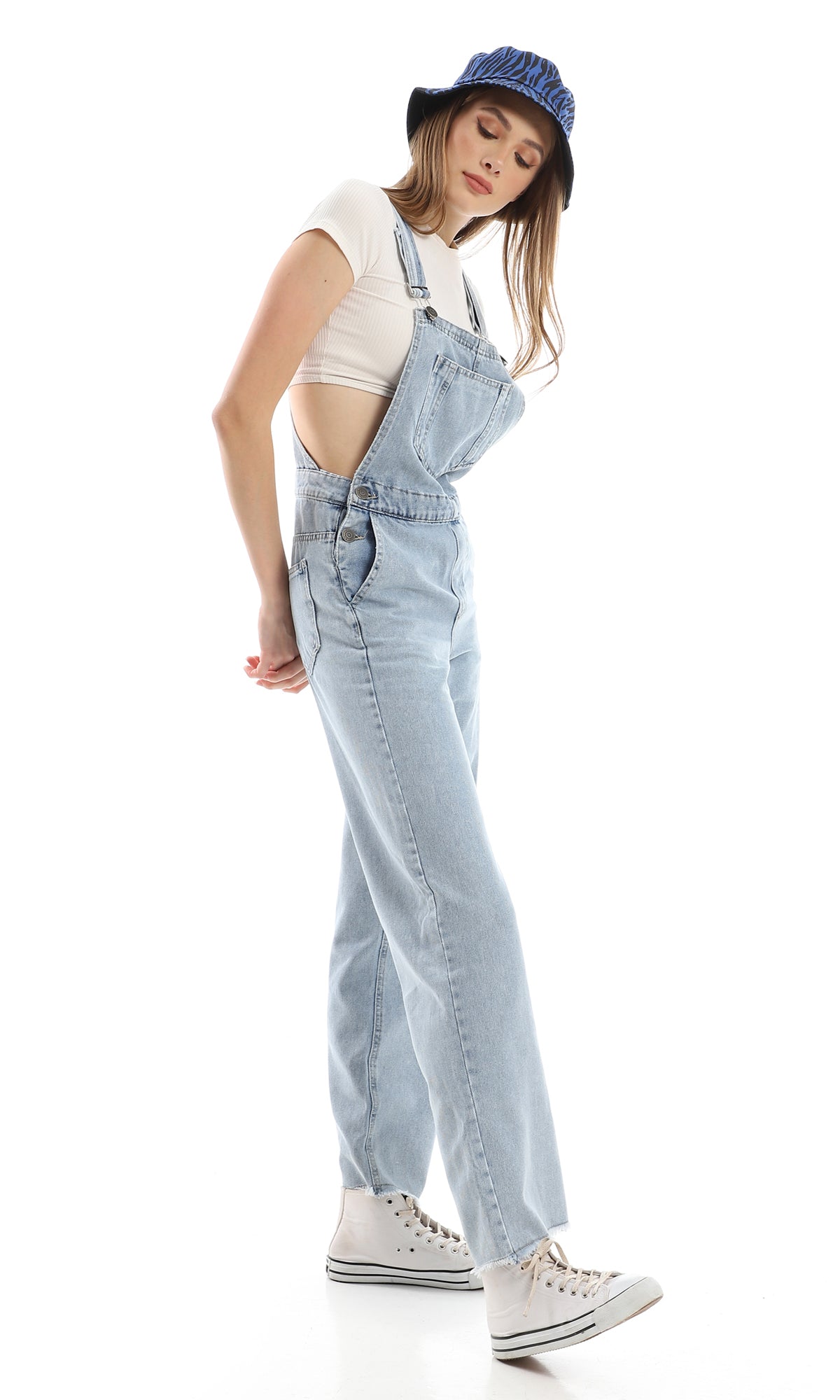 97960 Slash Pockets Wide Leg Buttons Closure Denim Overall - Stonewash