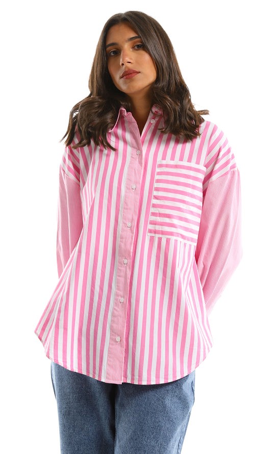 97970 Relaxed Fit Full Buttoned Multi Stripes Shirt - Fuchsia & White