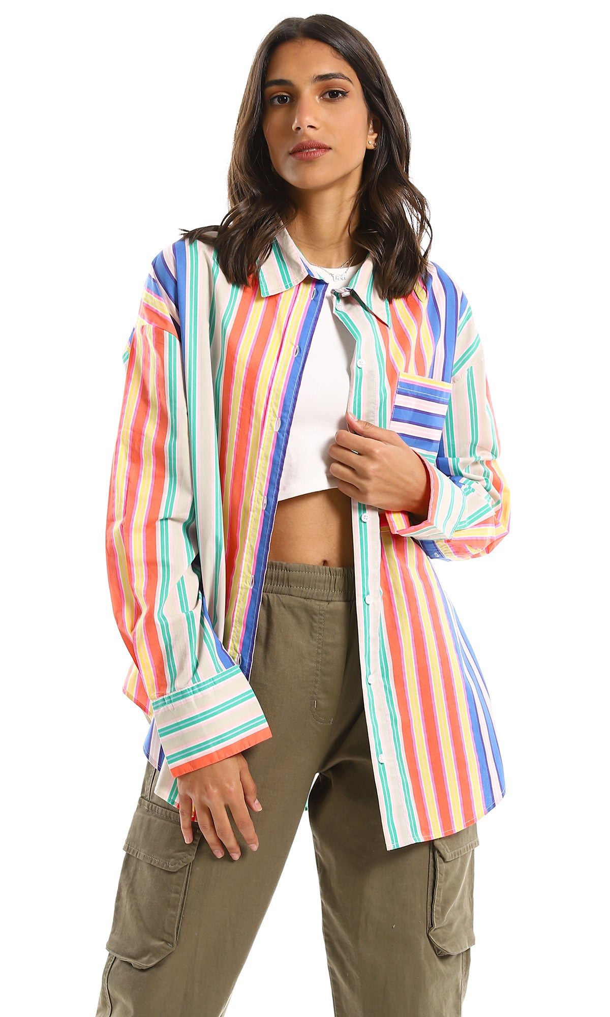 97971 Colorful Striped Over-Size Fit Buttoned Shirt