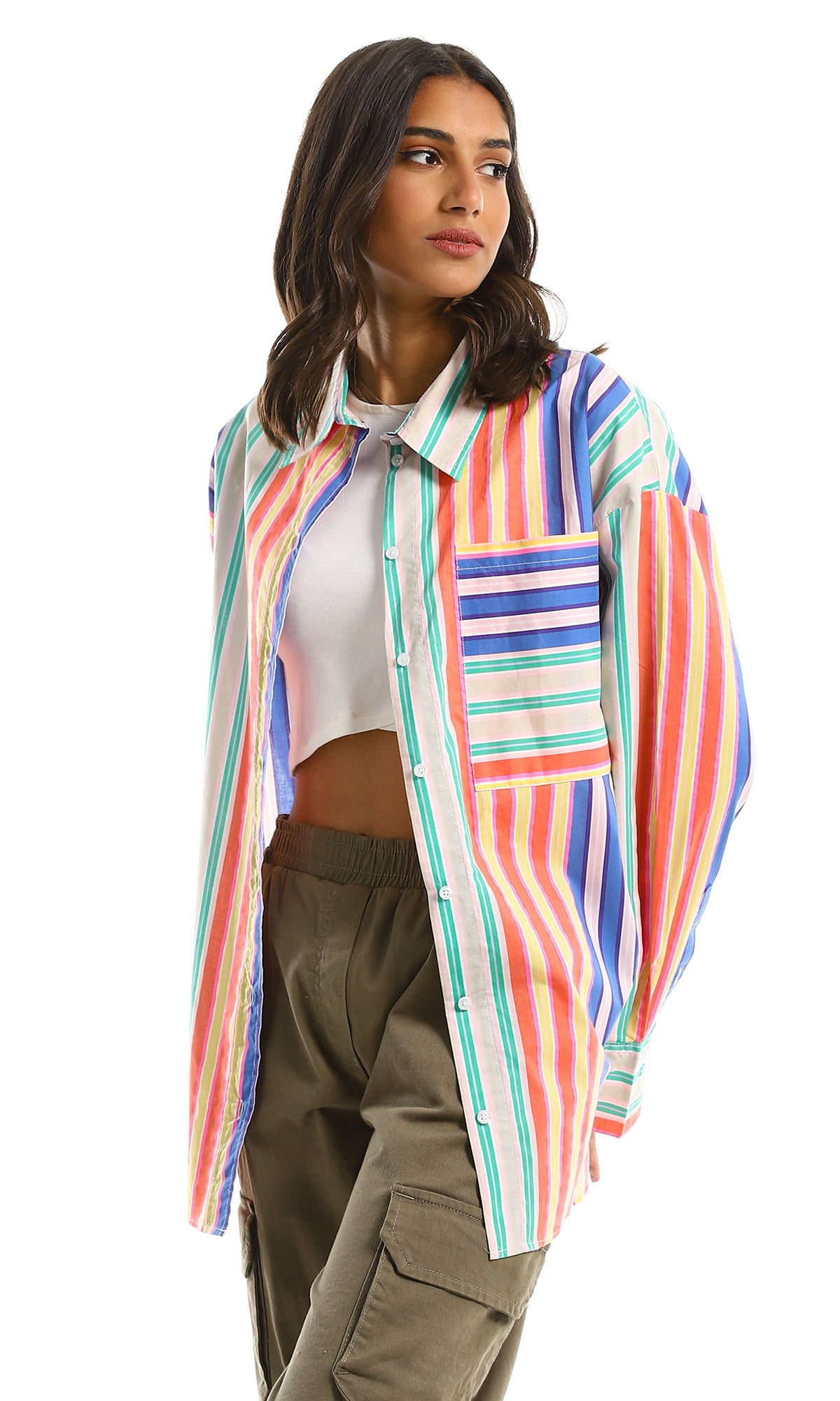 97971 Colorful Striped Over-Size Fit Buttoned Shirt