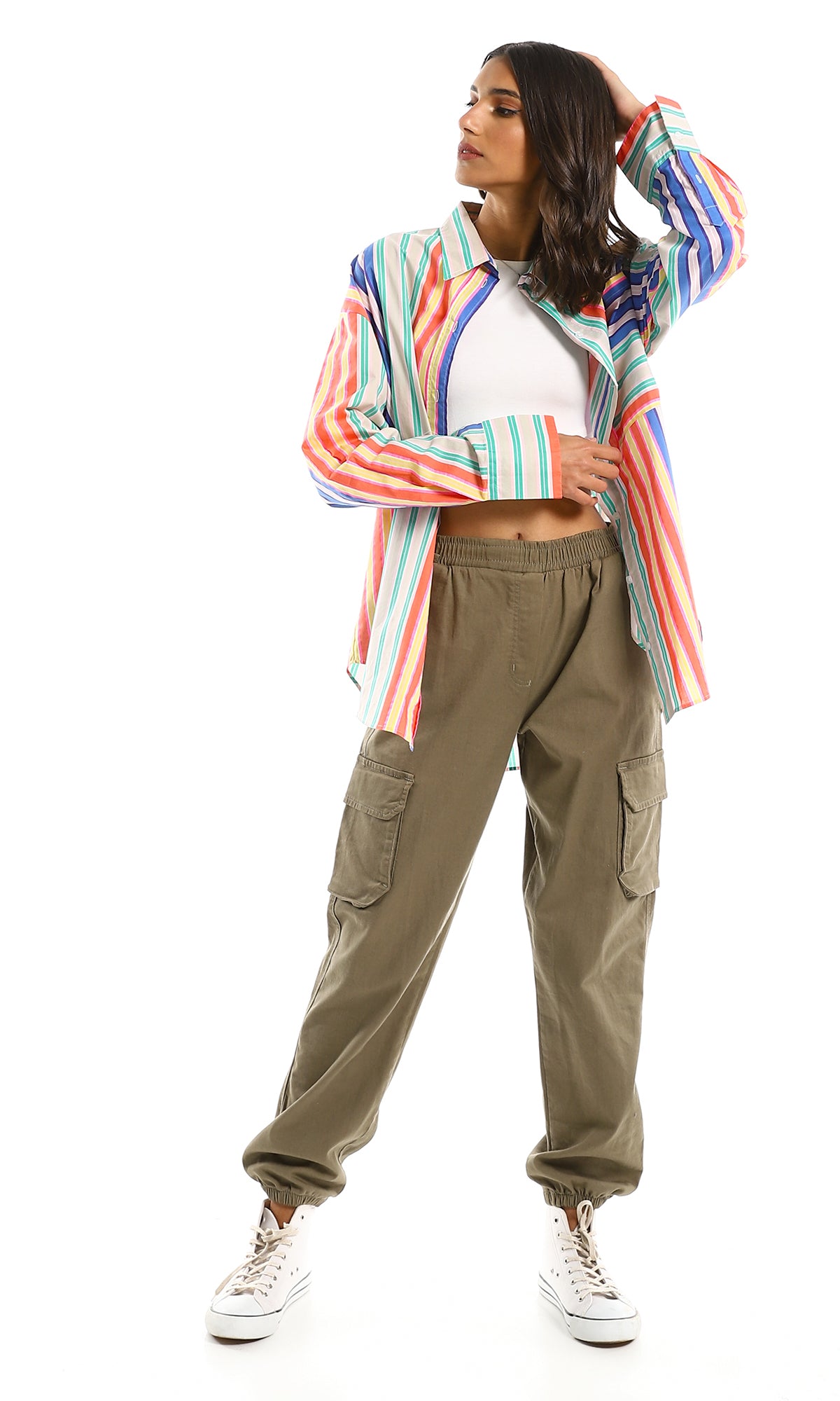 97971 Colorful Striped Over-Size Fit Buttoned Shirt