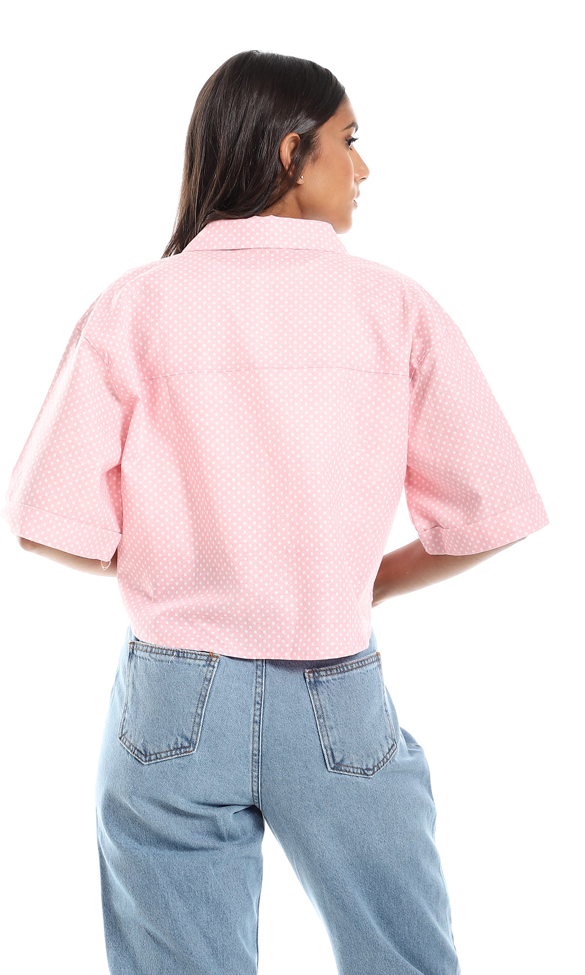 97977 Polka Dots Front Tie Pink & White Cropped Shirt