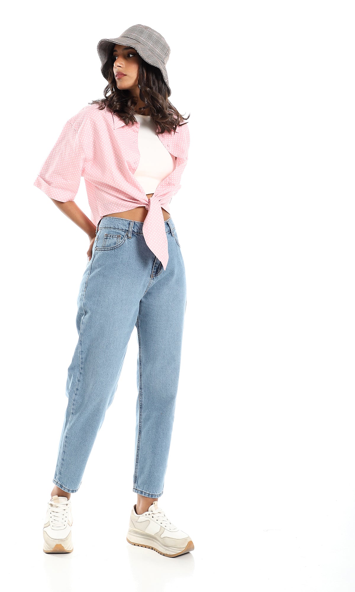 97977 Polka Dots Front Tie Pink & White Cropped Shirt