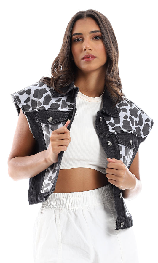 97978 Animal Print Cap Sleeves Denim Vest - Dark Grey