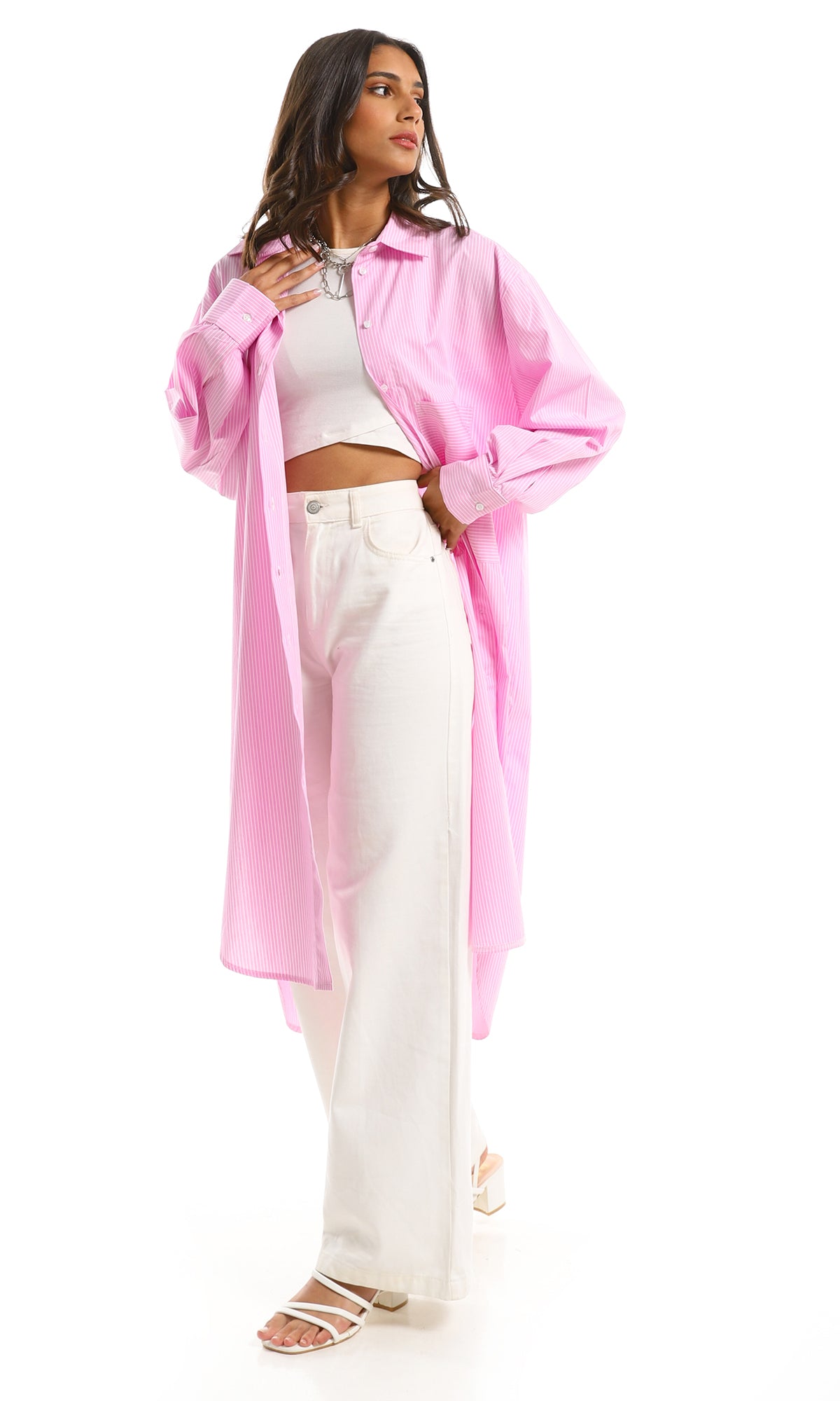 98014 Oversized Long Buttoned Shirt With Front Pocket