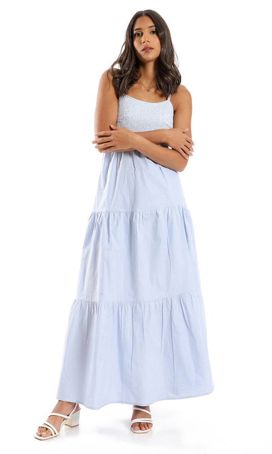 98030 Upper Stitched Pattern Polyester Maxi Dress - Baby Blue